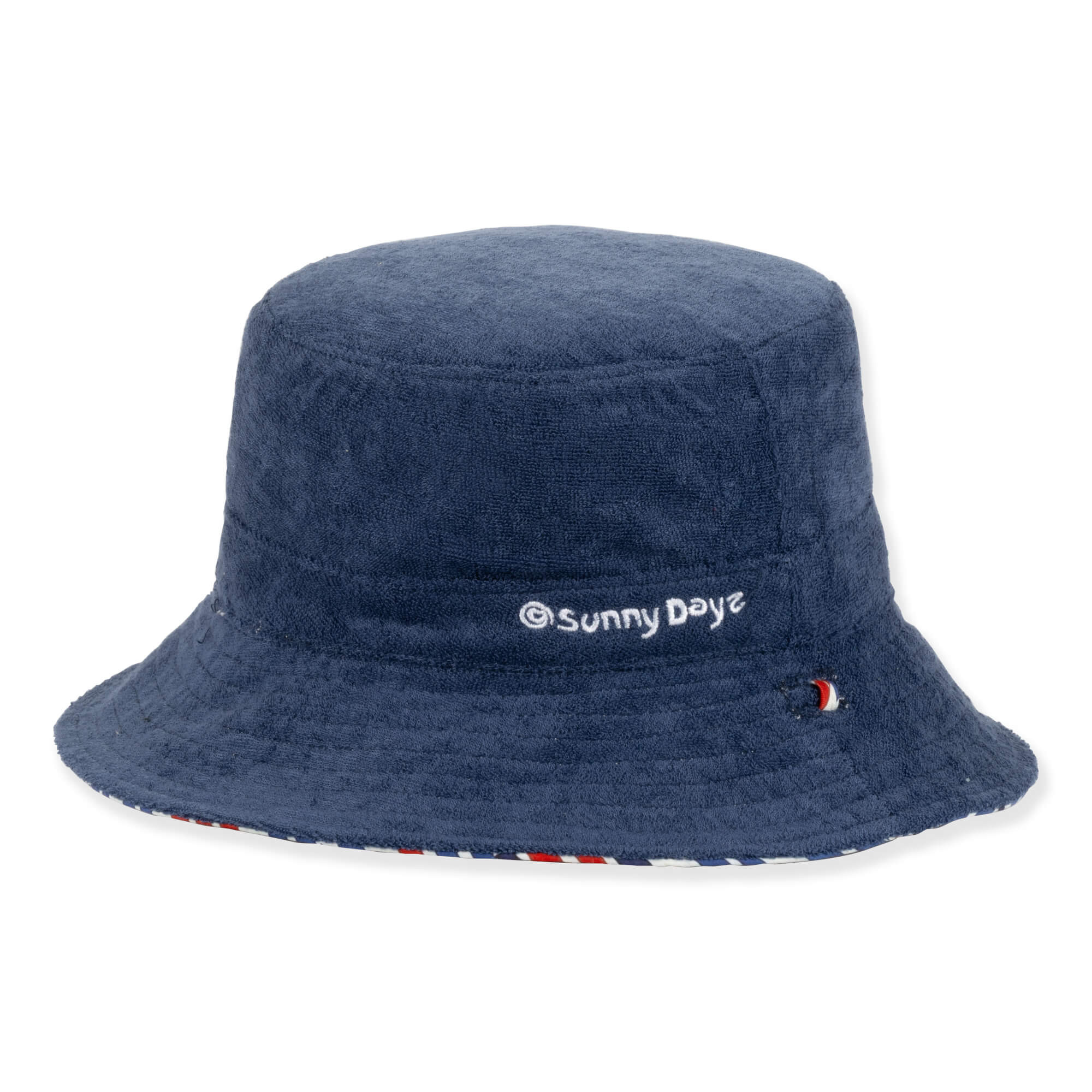 Three-quarter view of a navy blue terry cloth bucket hat featuring white embroidered text and a small metal grommet.