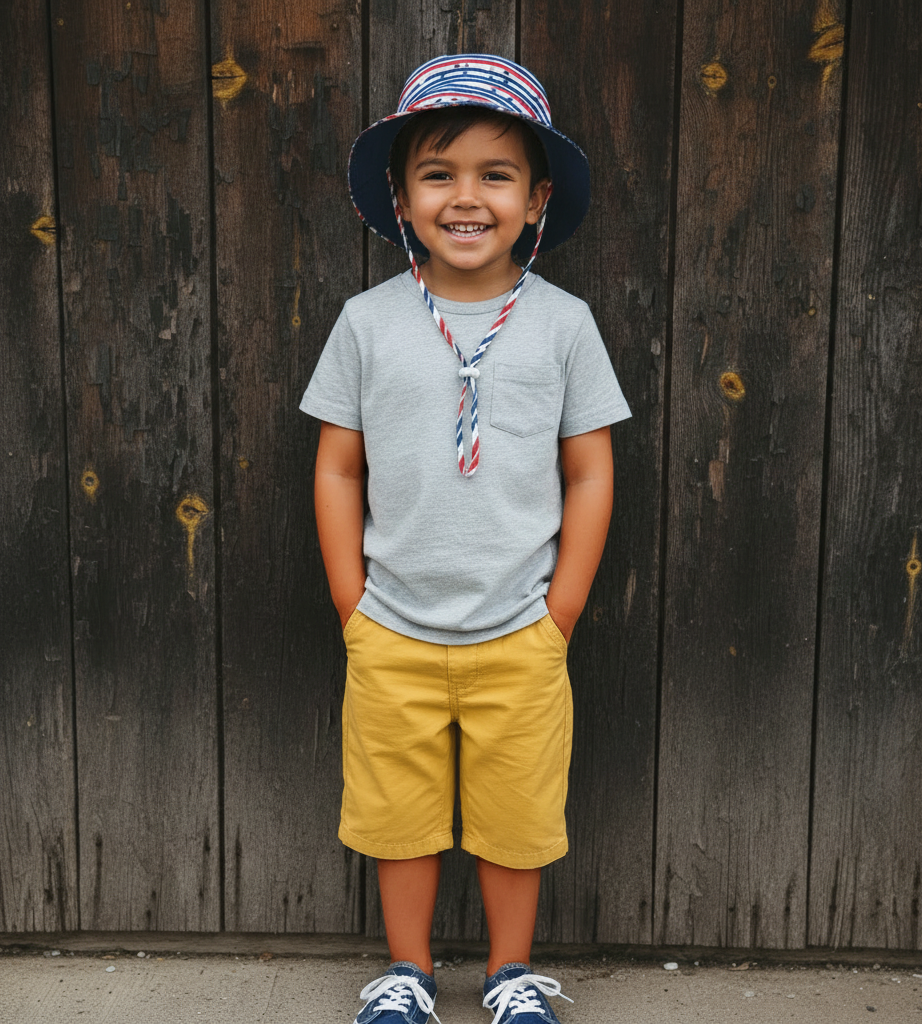 Full-length portrait of the Sun N Sand HK573 Kids’ Sun Hat in a red, white, and blue patriotic stripe pattern, featuring a wide protective brim and matching adjustable toggle chin strap for a secure fit and reliable sun protection during outdoor activities.