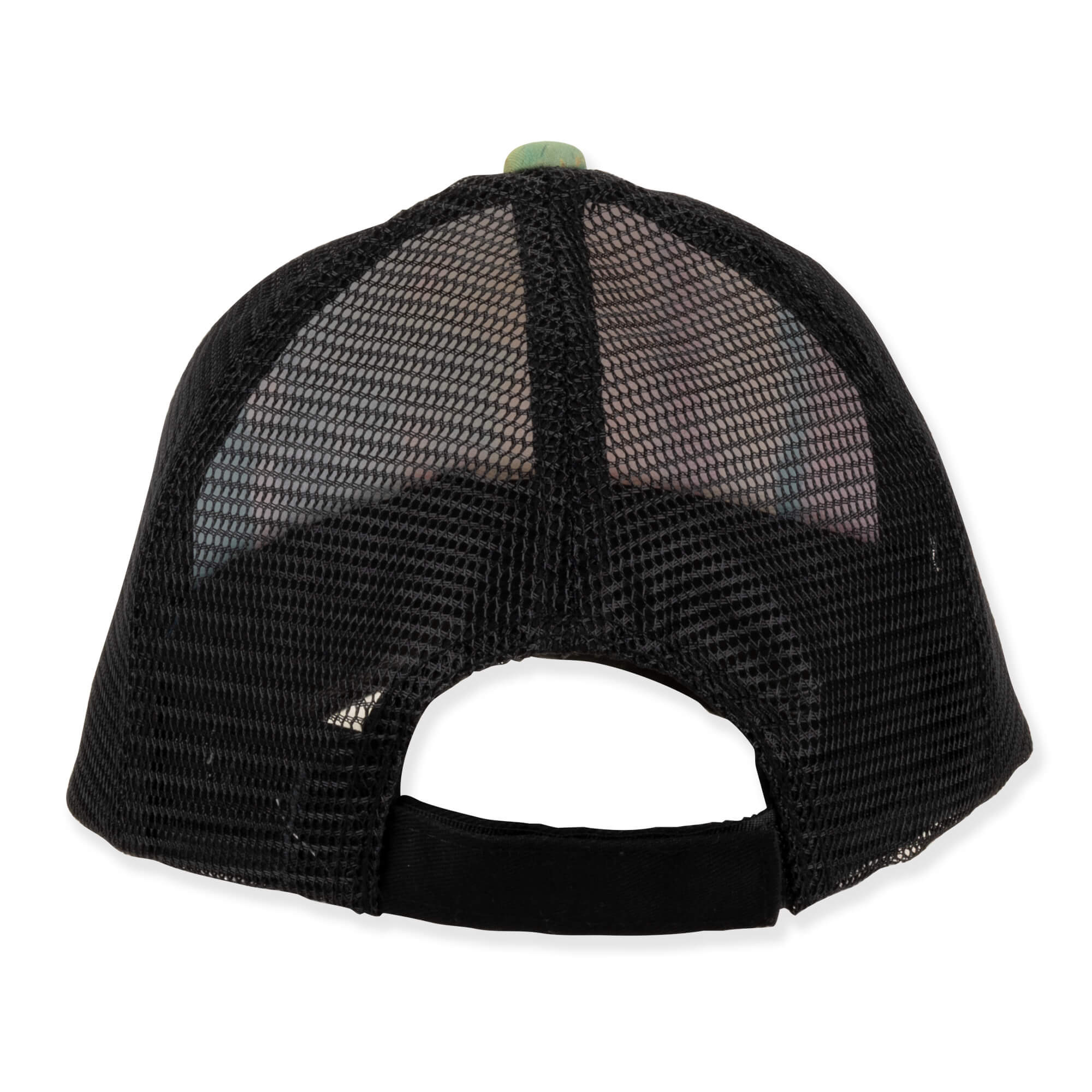 Three-quarter view of a black trucker hat featuring a vibrant surfboard sunset-print crown and breathable black mesh back panels.