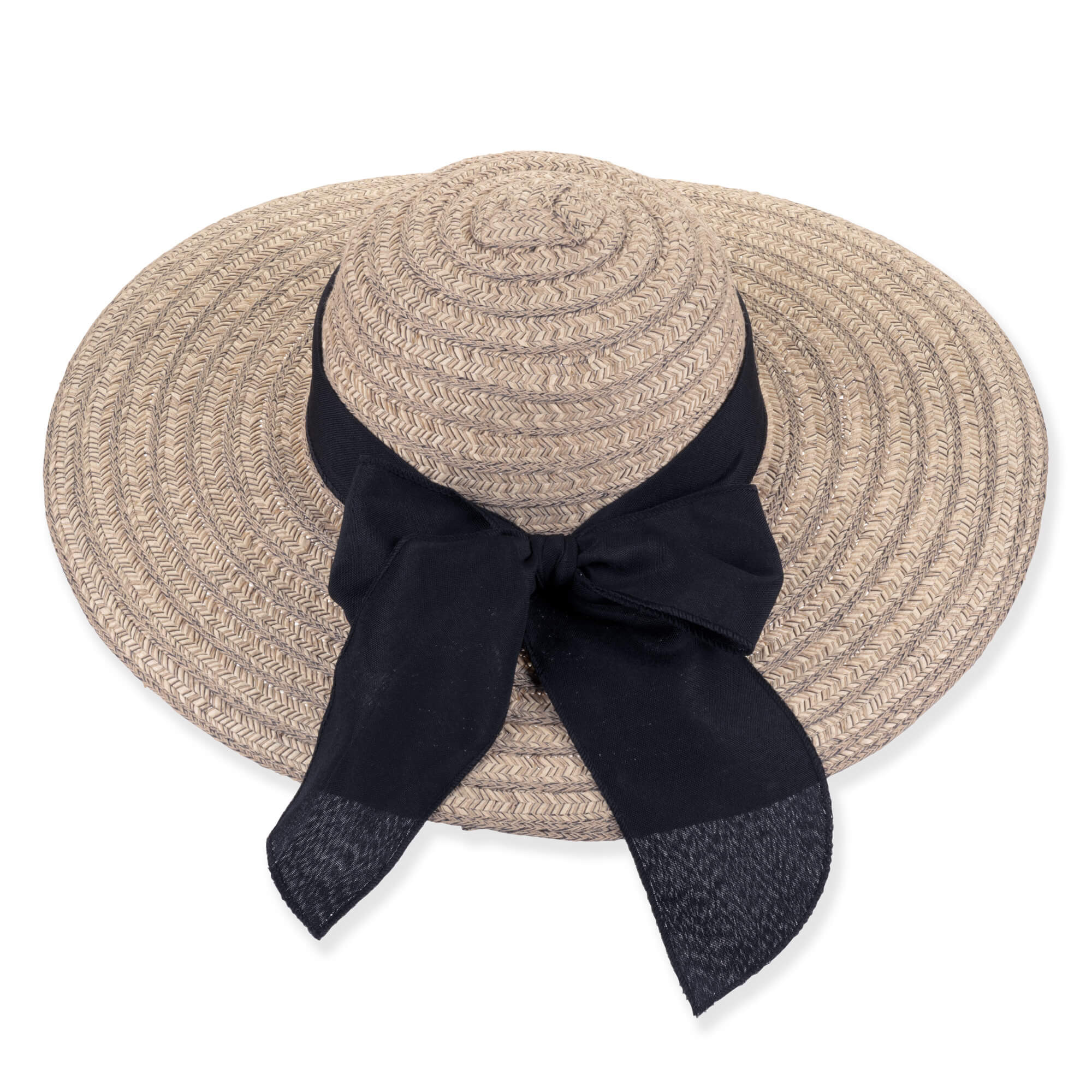 Three-quarter view of tan Sun N Sand HH3614 A floppy hat featuring concentric woven straw, navy chiffon sash, and metal hardware.