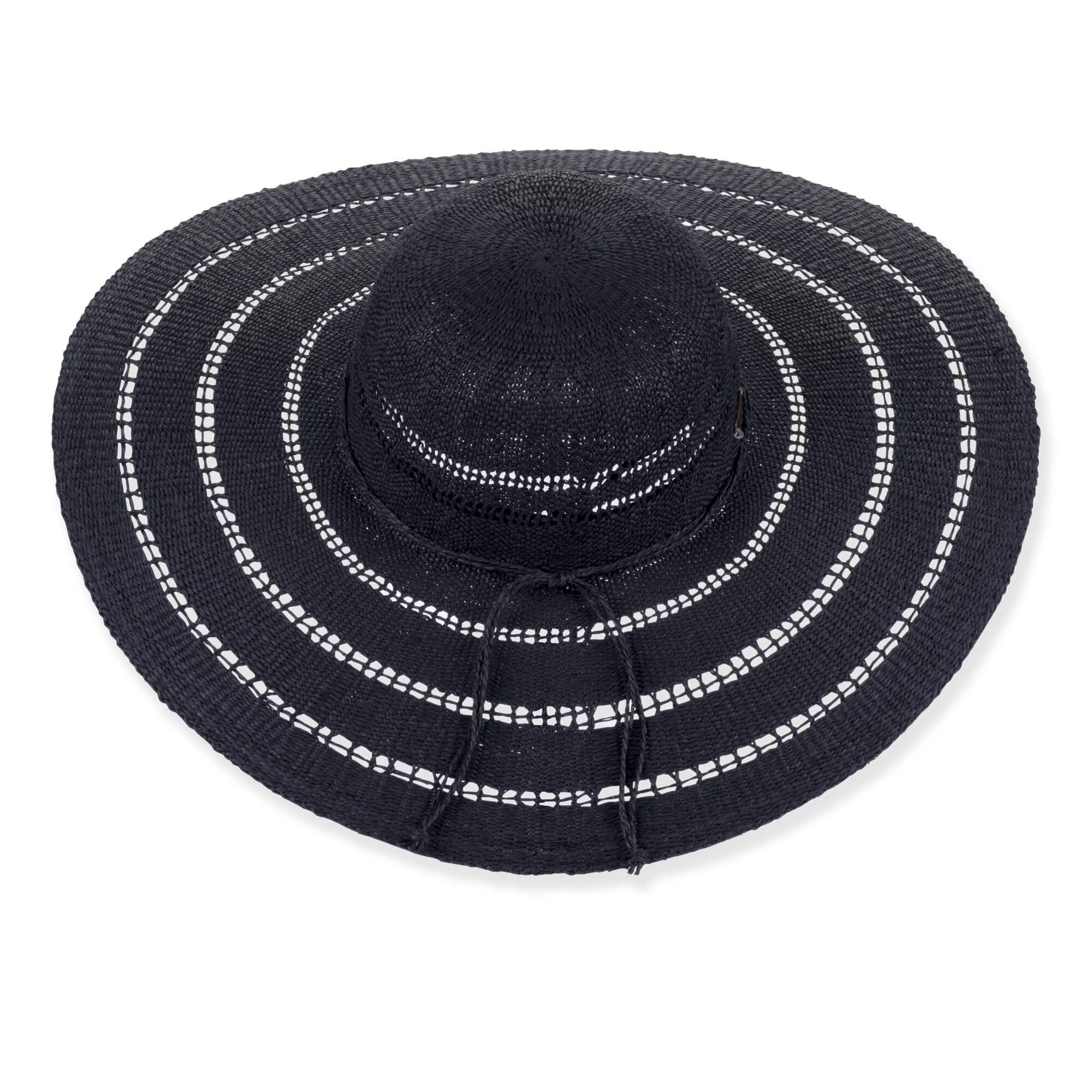 Three-quarter profile view of a black, crocheted straw floppy hat featuring a wide, scalloped brim and ventilated crown with metal logo.