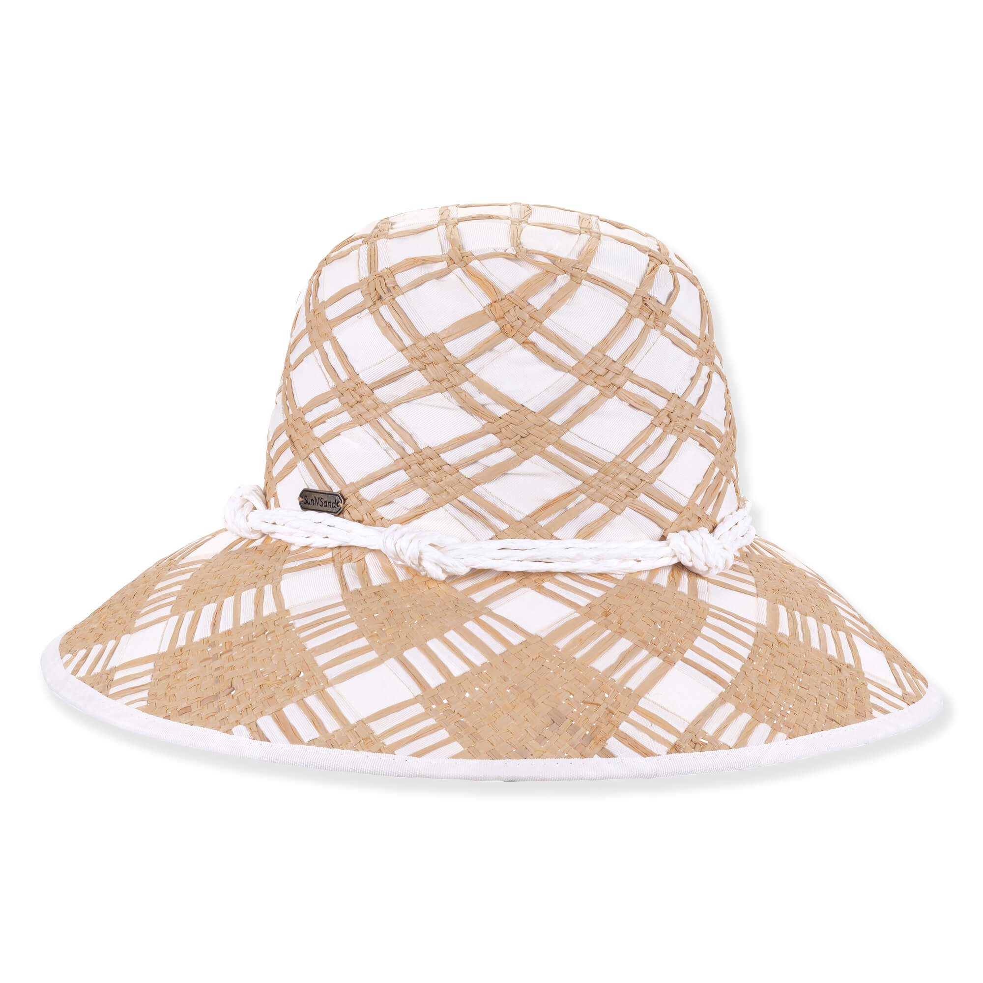 Front view of a white and tan plaid woven straw bucket hat featuring a rounded crown, knotted rope trim, and metal logo.
