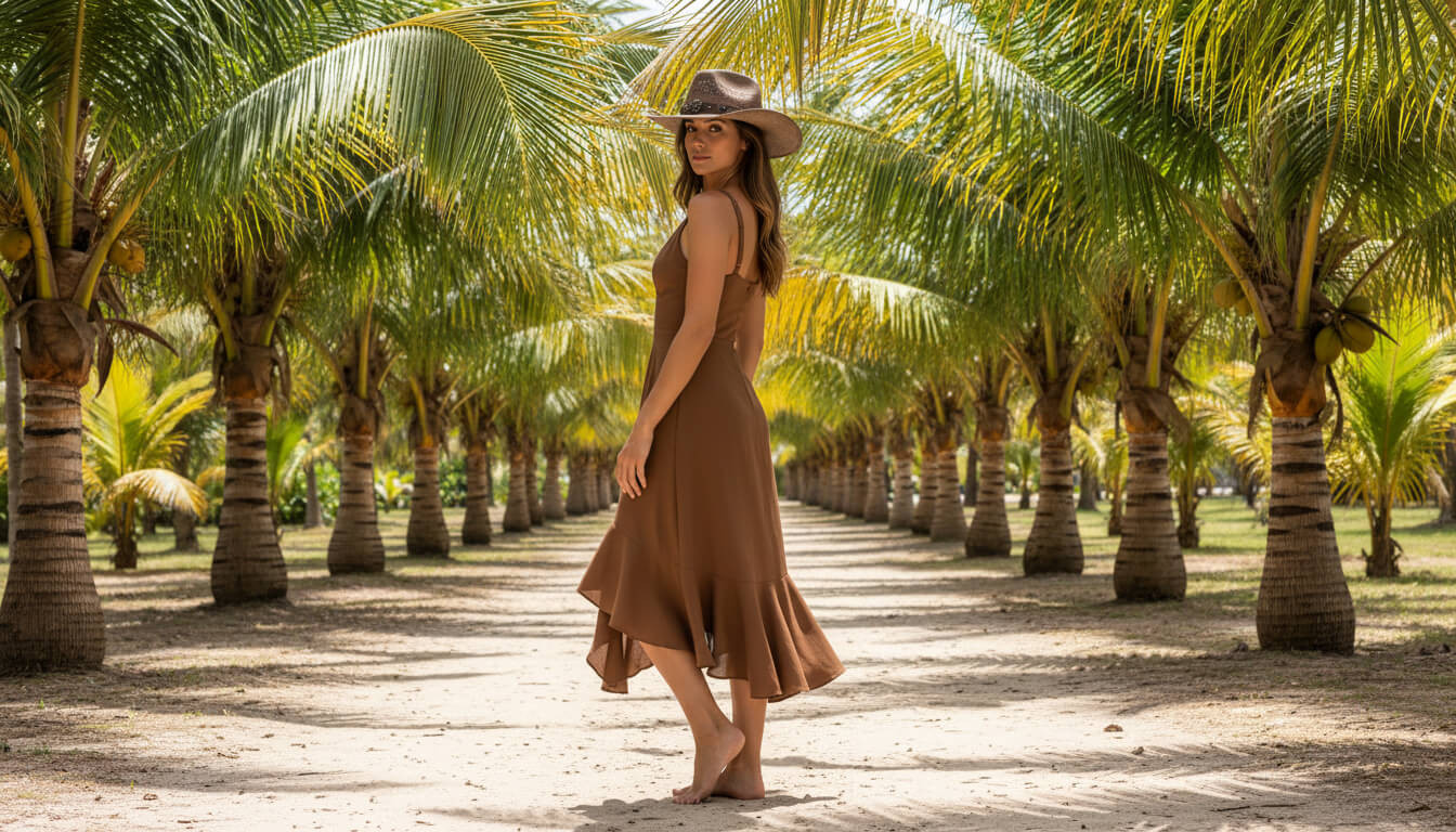 Lifestyle profile portrait of the Sun N Sand HH3650 Women’s Western Hat in a dark brown woven paperbraid, featuring an intricate metallic studded hatband and a wide, upturned cowboy-style brim with a structured crown for an adjustable fit and UPF 50+ sun