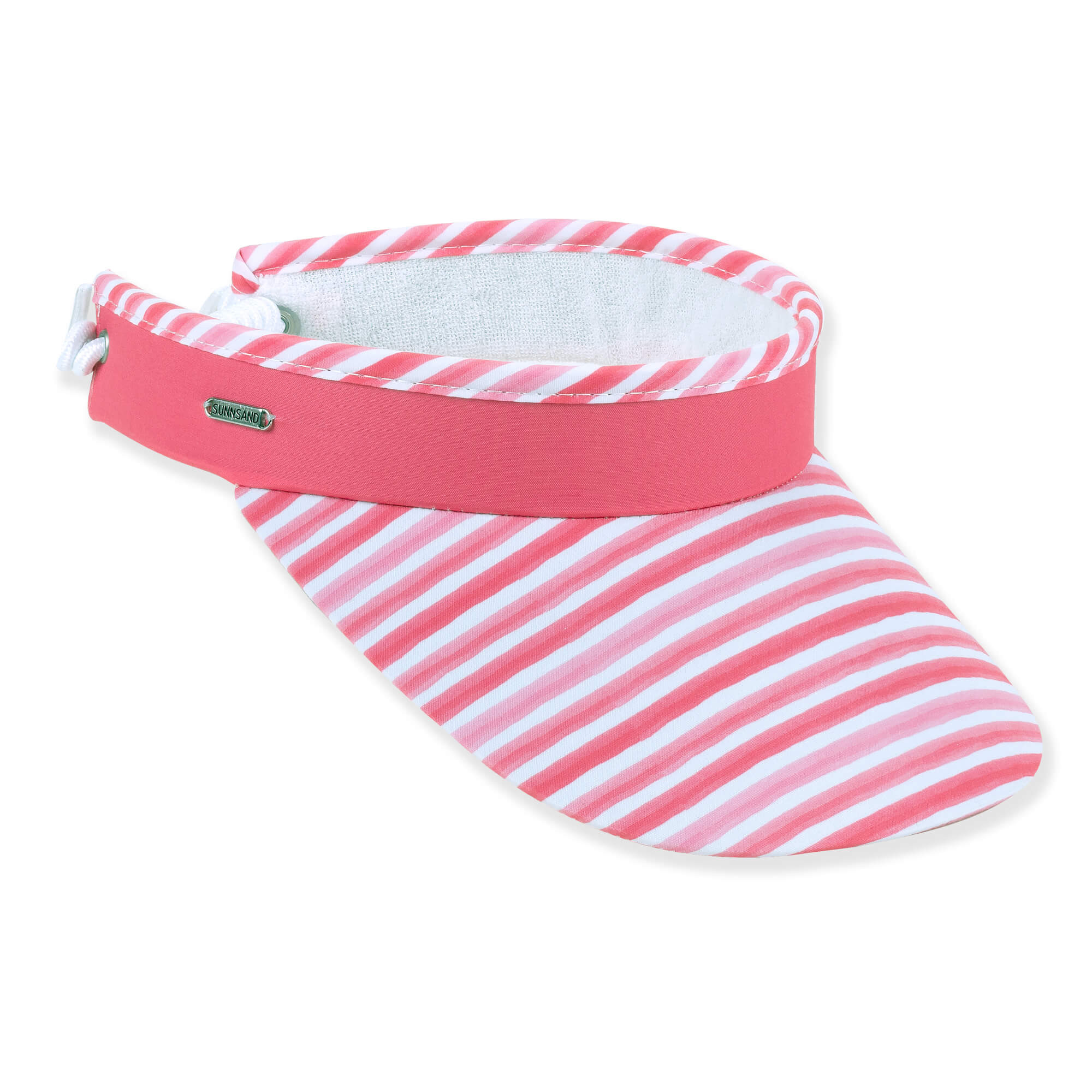 Three-quarter profile view of a pink and white striped fabric visor featuring a solid pink crown band and metal logo.