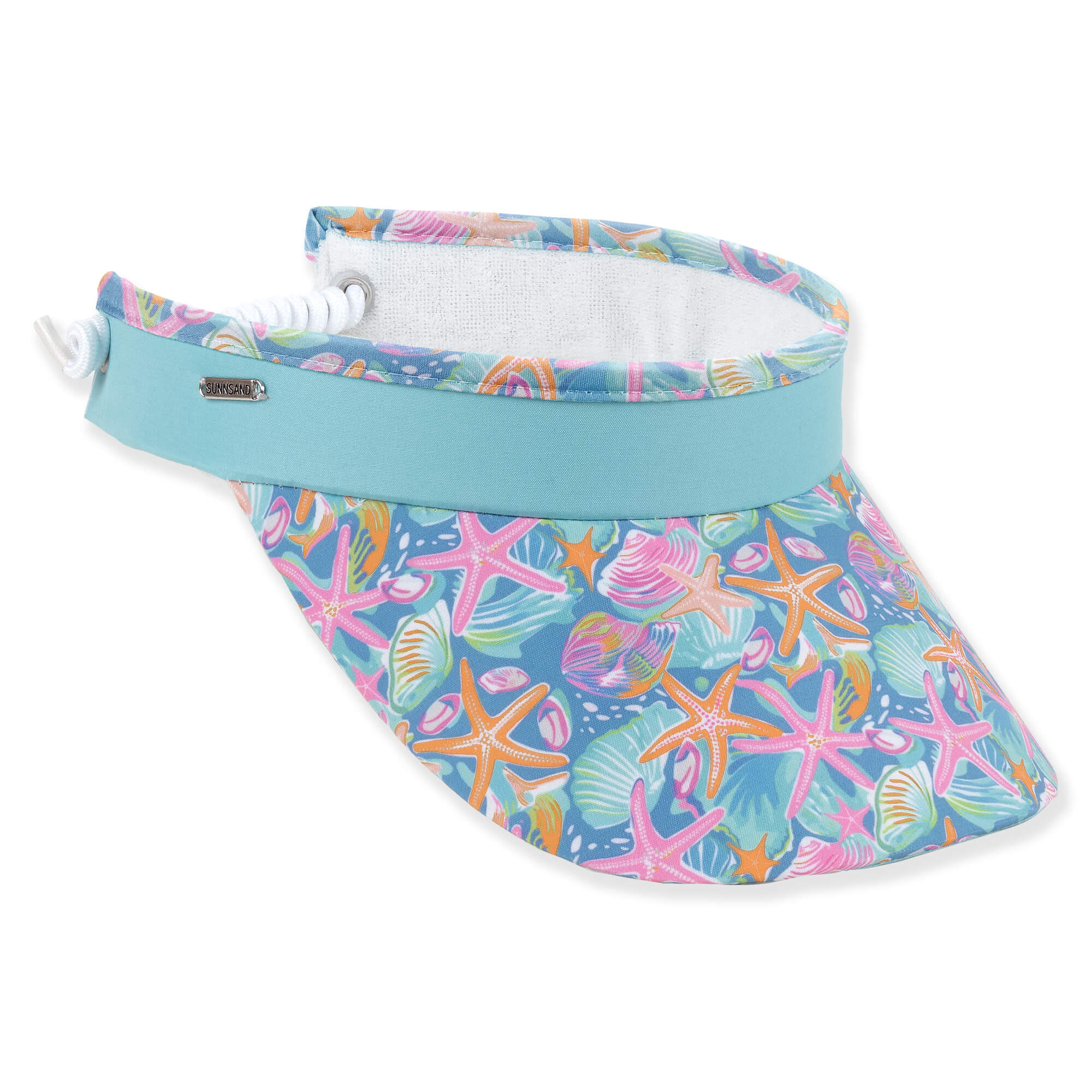 Three-quarter view of a blue performance visor featuring a colorful starfish print brim, white coiled elastic strap, and silver logo-plate.