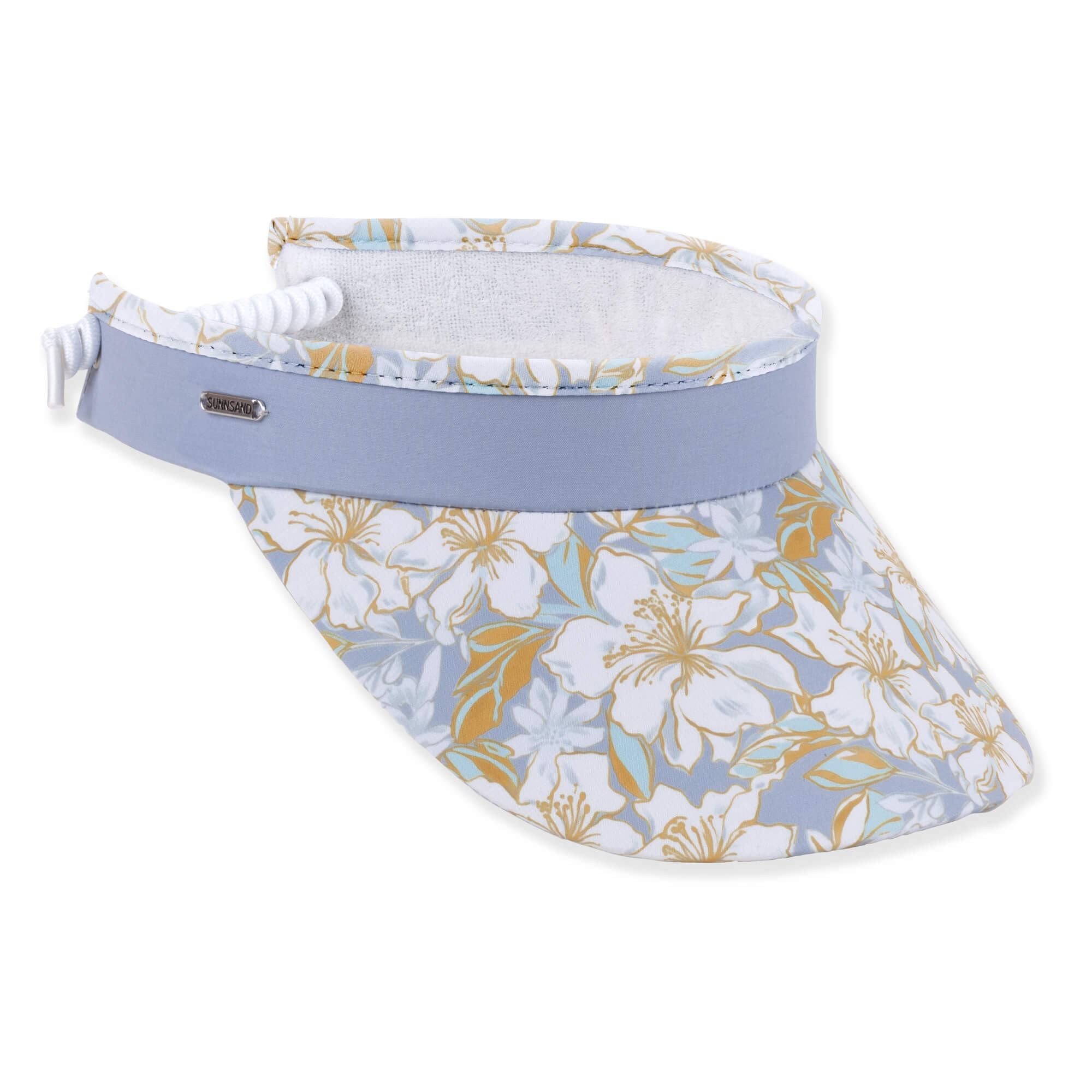 Front angle view of the Sun N Sand HH3655 women’s visor in floral print, featuring a curved brim and adjustable coil sizer for UPF protection.