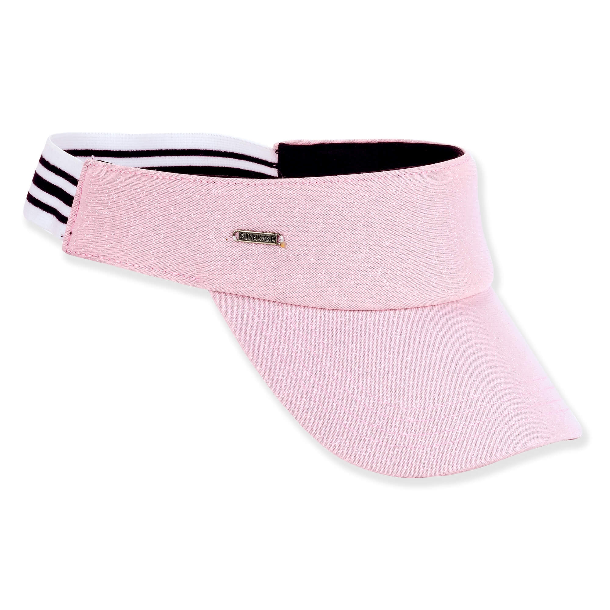 Three-quarter view of a pink textured fabric sports visor featuring a curved bill, striped elastic back, and silver metal logo-plate.