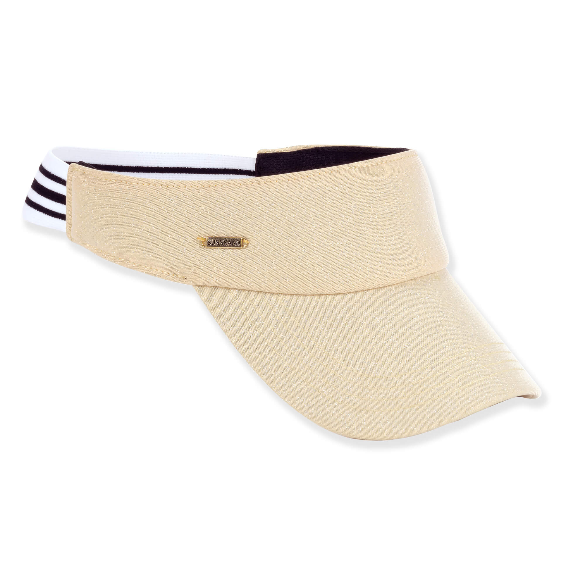 Three-quarter view of a beige textured sports visor featuring a curved bill, striped elastic back, and small gold metal logo-plate.