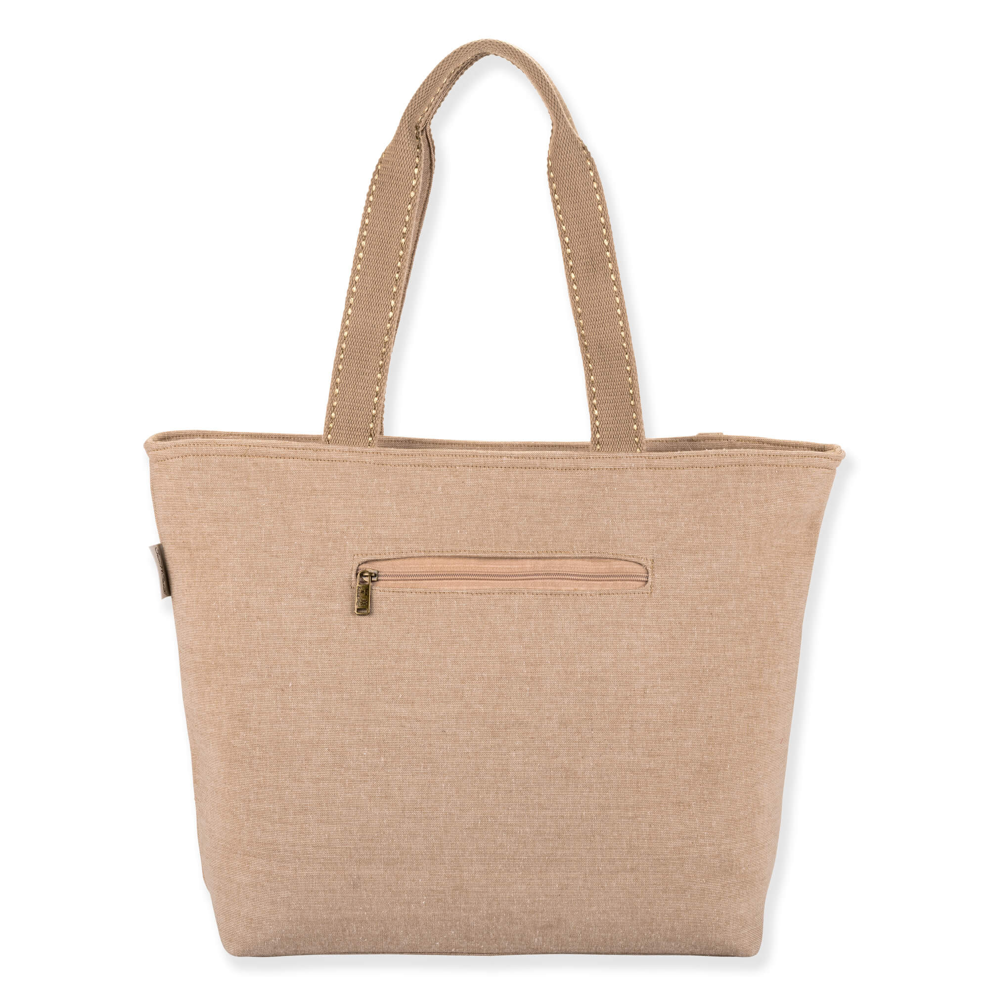 back view of a rectangular beige woven jute tote featuring gold embroidered pineapple graphics, wide handles, and metal hardware.