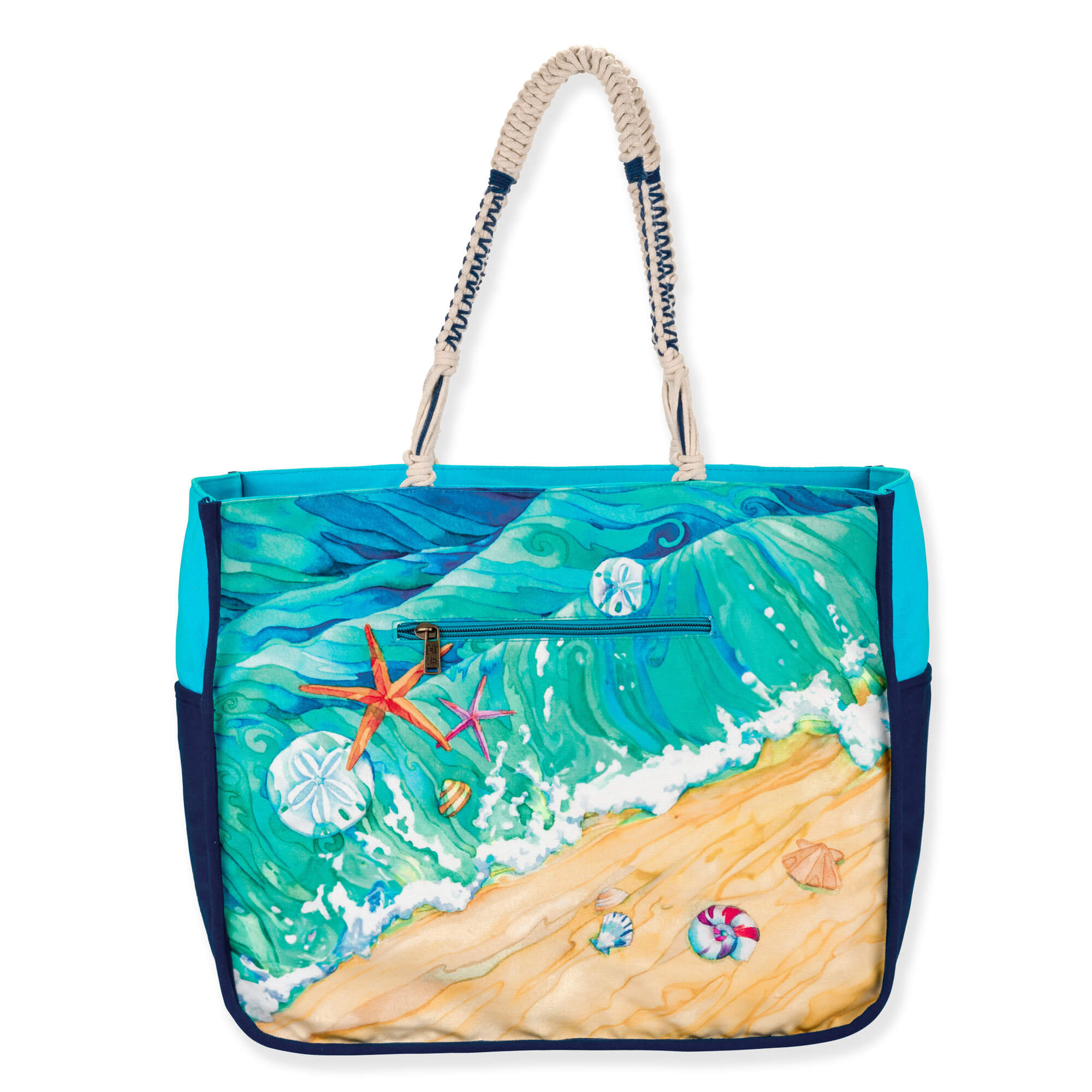 back view of a rectangular canvas tote featuring colorful flip-flop beach graphics, braided rope handles, and silver metal hardware.