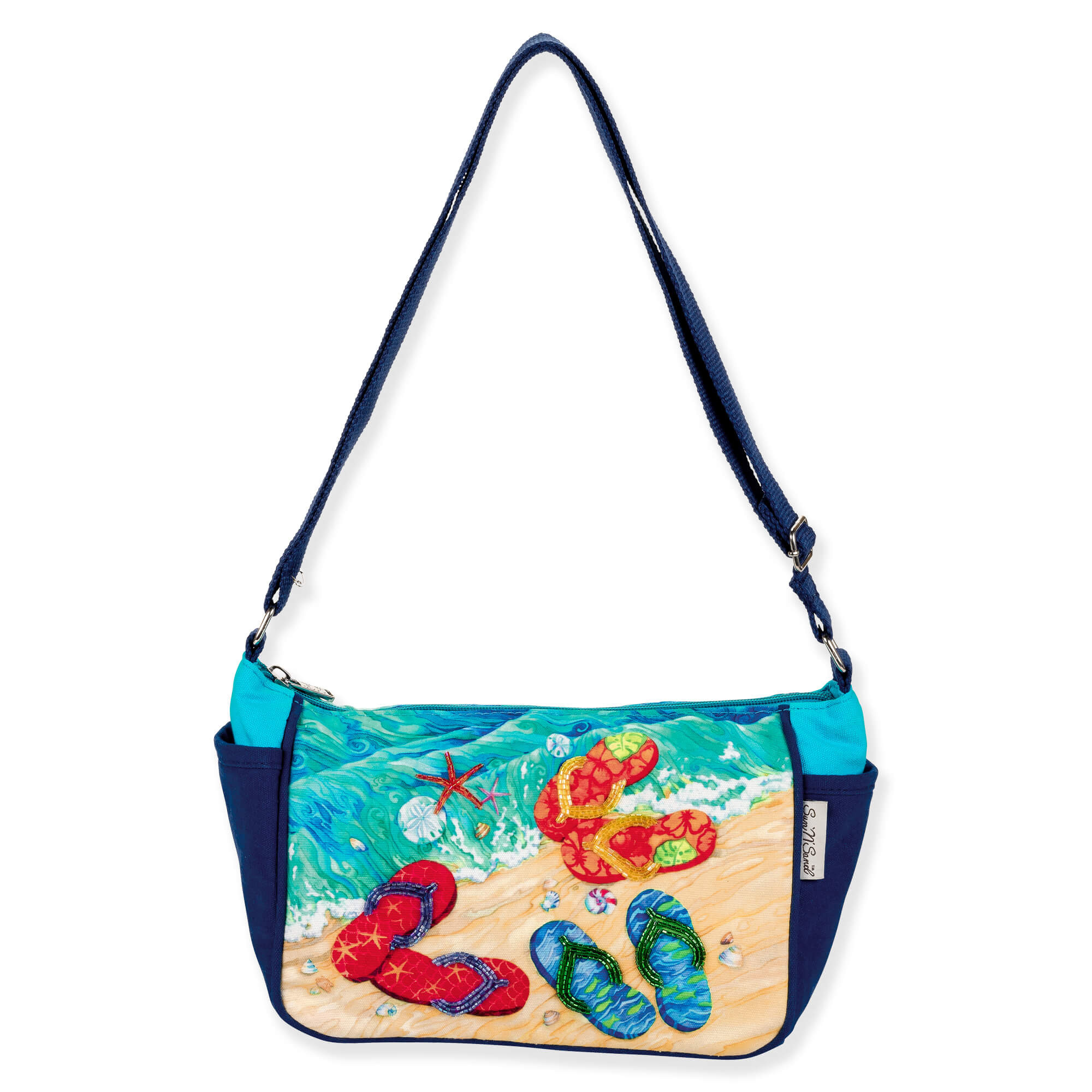 Front view of a rectangular navy crossbody bag featuring colorful flip-flop beach graphics, a slim adjustable strap, and metal hardware.