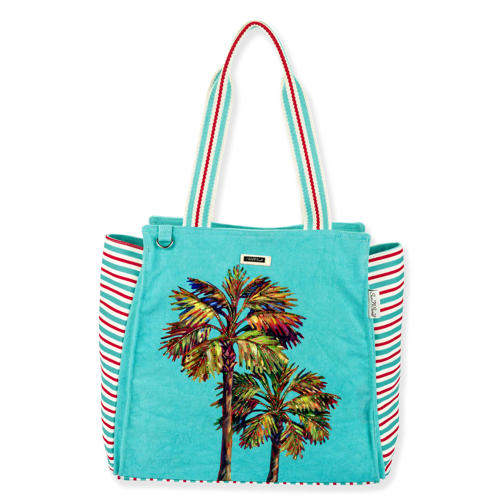 Front view of a rectangular turquoise tote featuring colorful embroidered palm trees, red striped side panels, and silver metal hardware.