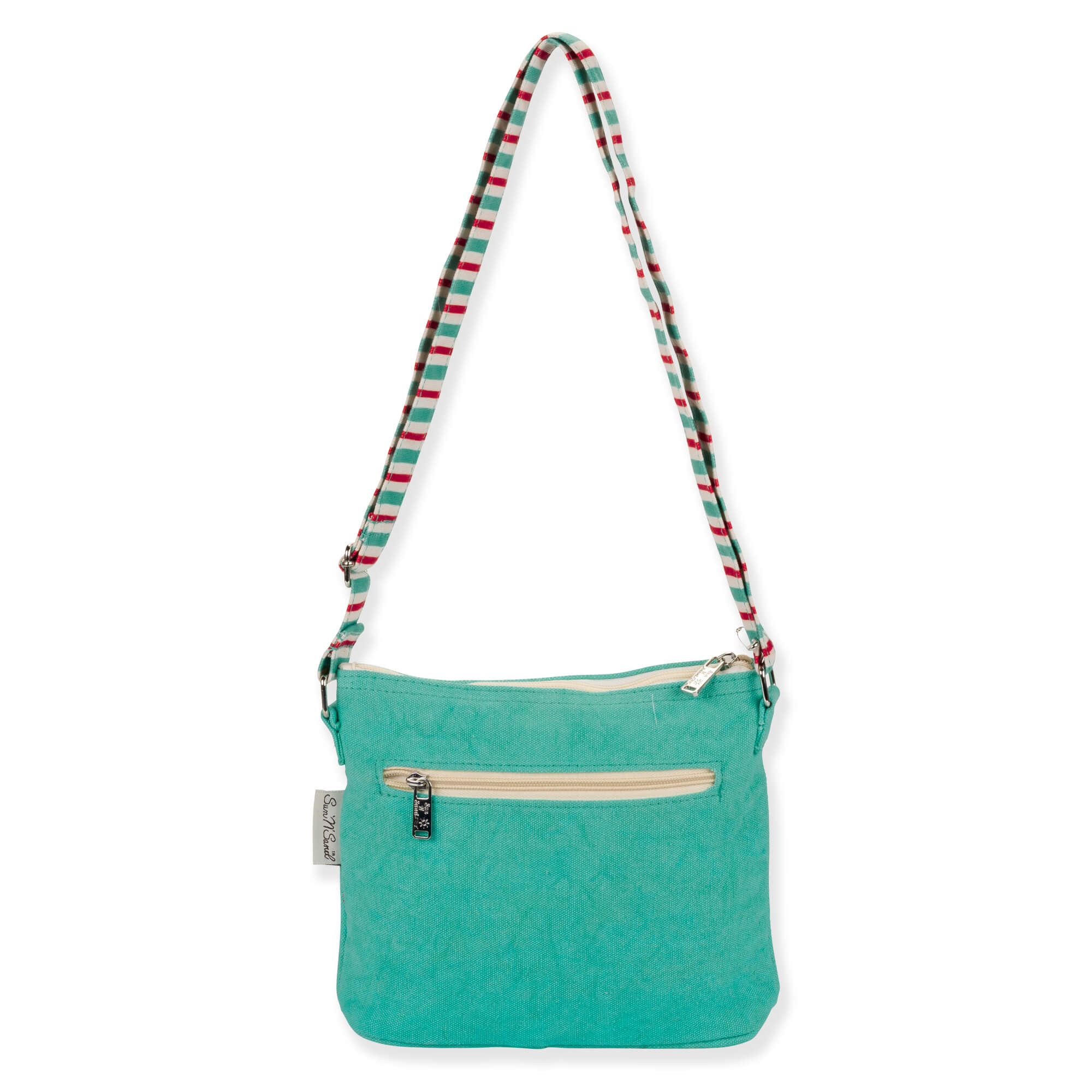 back view of a rectangular turquoise crossbody bag featuring colorful embroidered palm trees, a striped adjustable strap, and metal hardware.