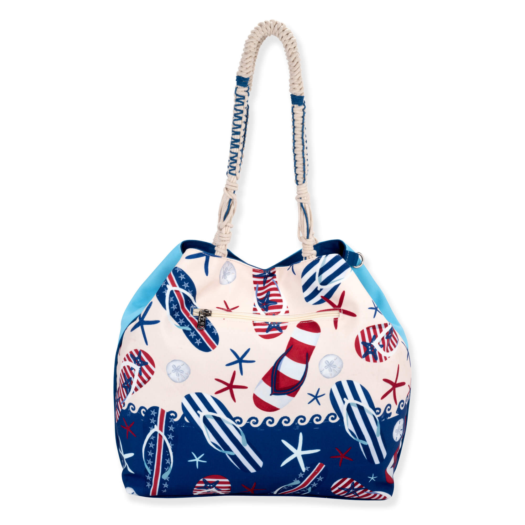 back view of a rectangular blue crossbody bag featuring patriotic flip-flop graphics, red starfish, striped trim, and metal hardware.