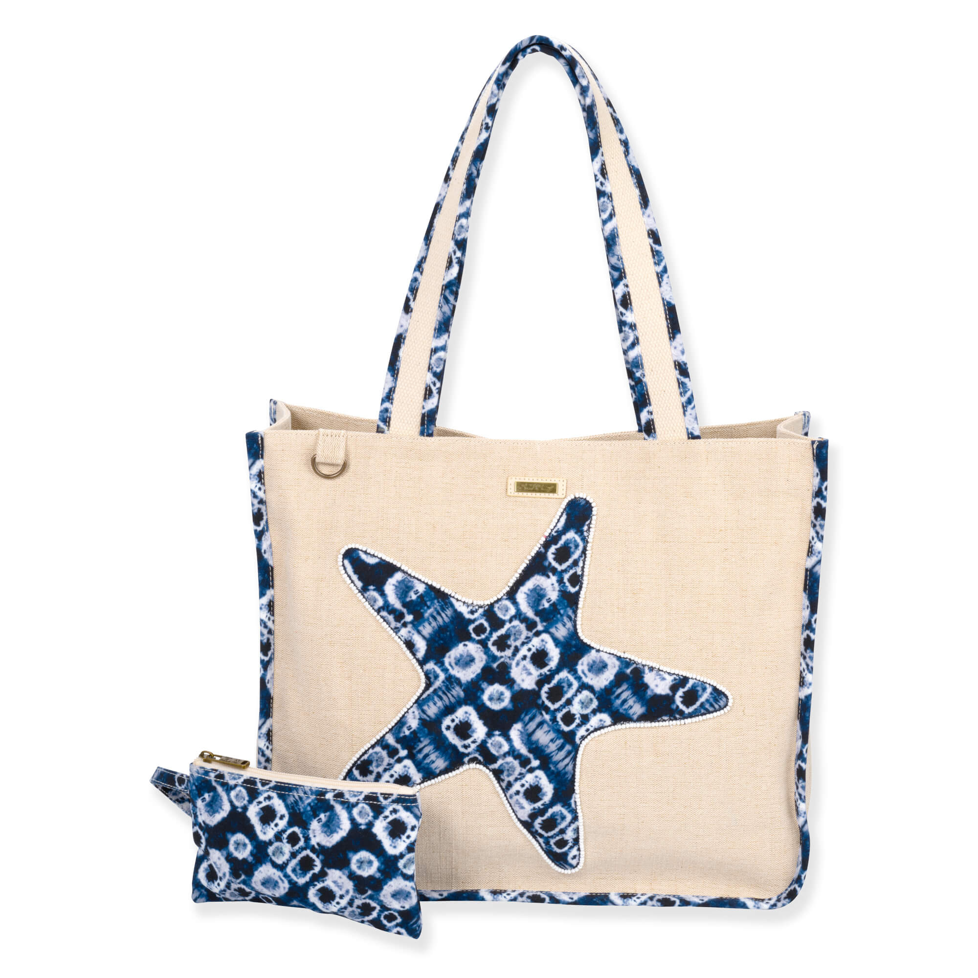 Front view of a rectangular beige burlap tote set with blue shibori print starfish, trim, matching zippered pouch, and metal hardware.