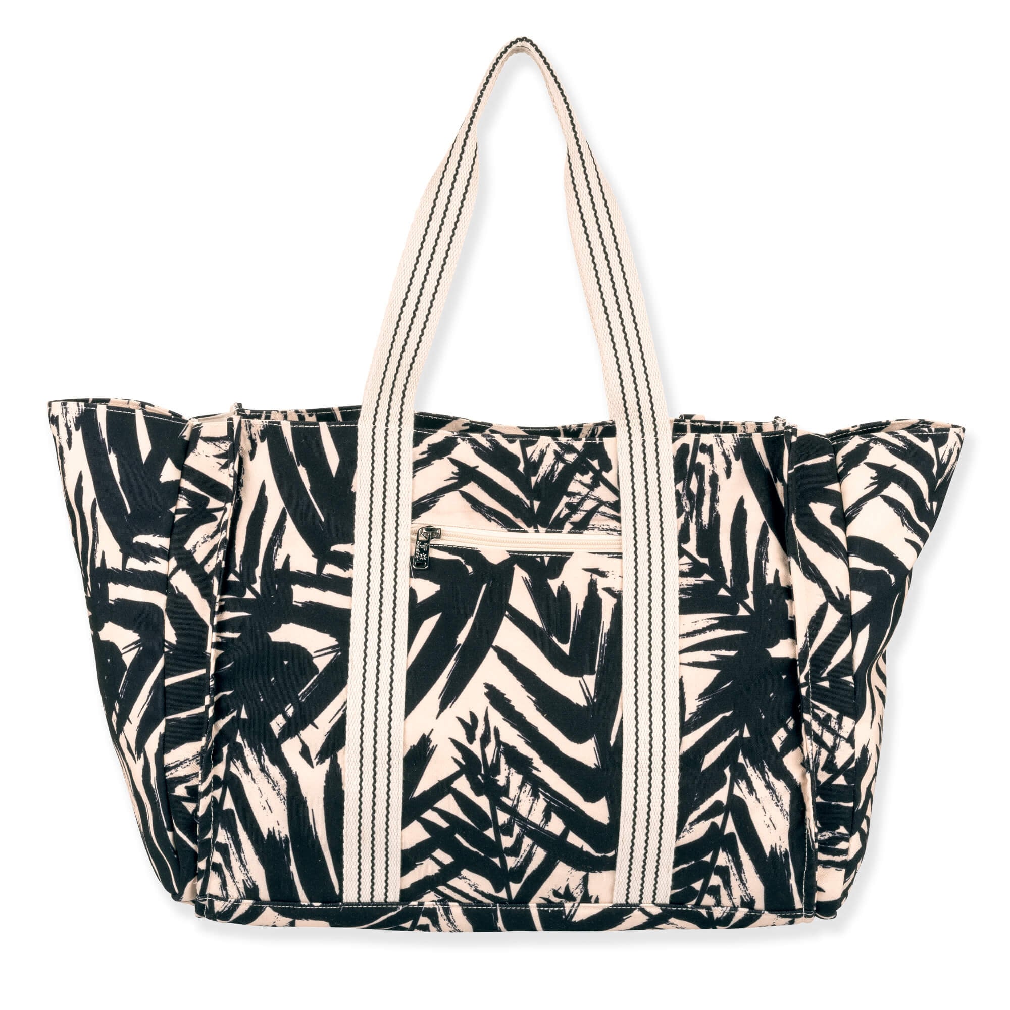 rear view of a rectangular navy crossbody bag featuring a white tropical leaf print, front zipper pocket, and silver logo hardware.