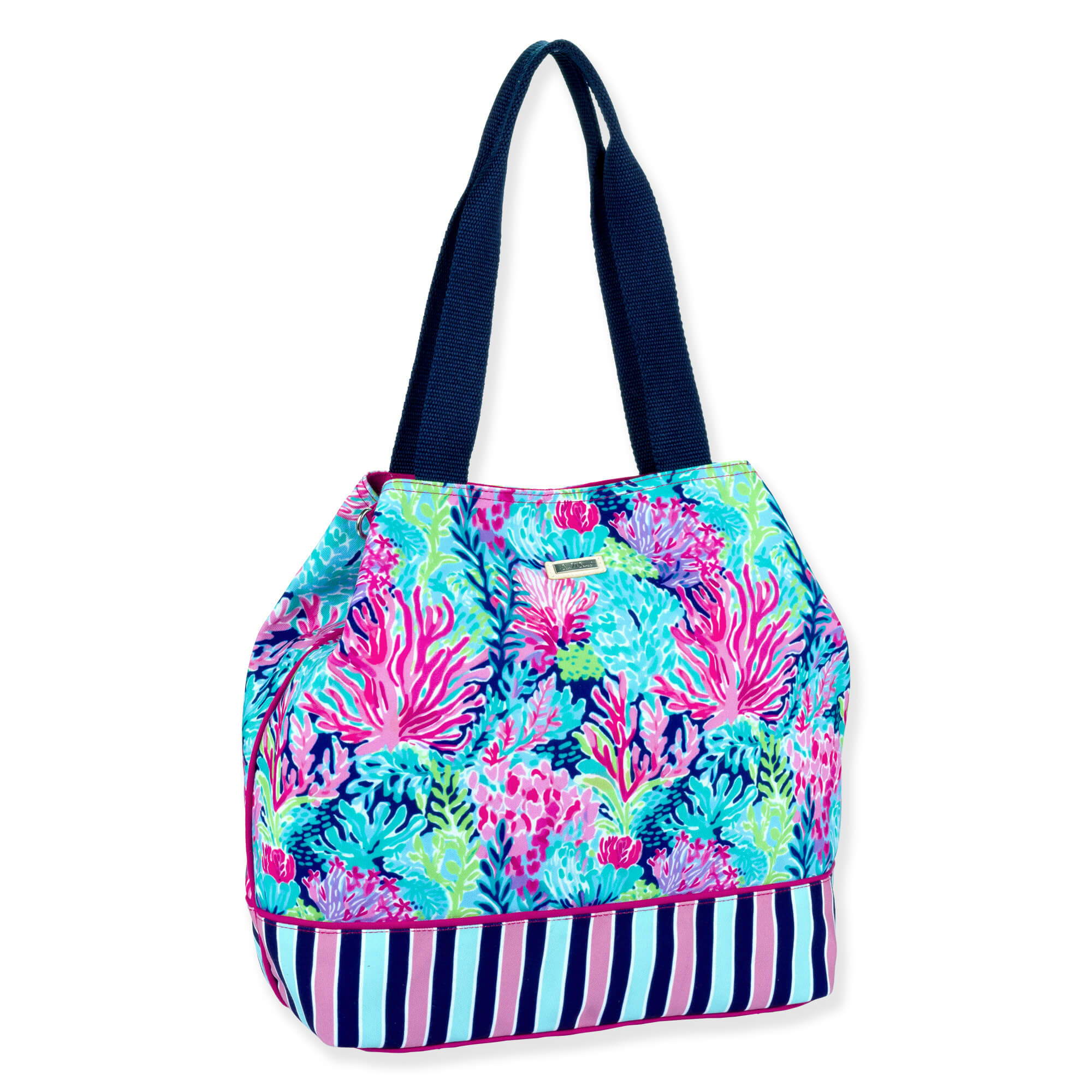 Three-quarter view of a large tote bag featuring a vibrant coral reef print, navy and pink striped base, and navy straps.