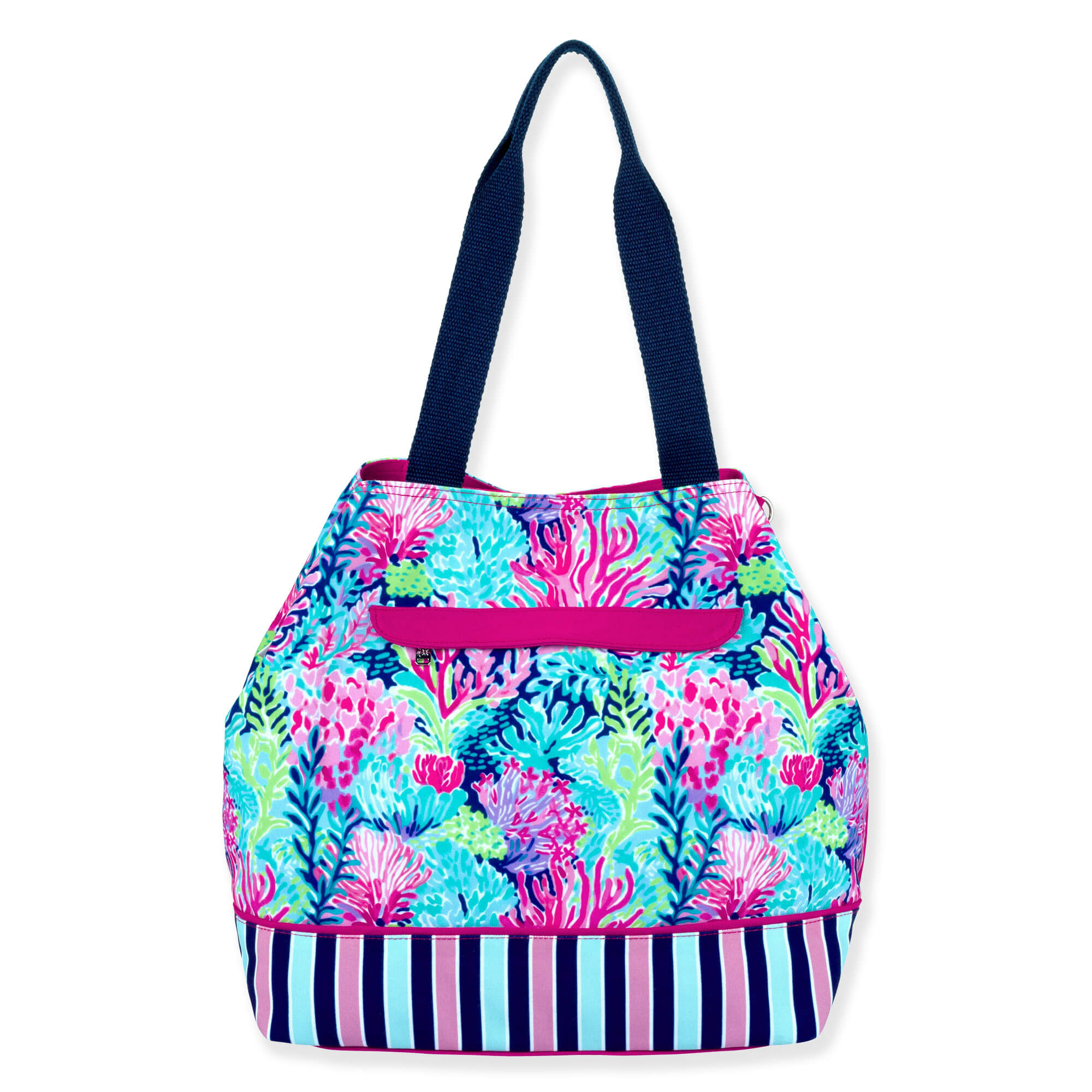 back Three-quarter view of a large tote bag featuring a vibrant coral reef print, navy and pink striped base, and navy straps.