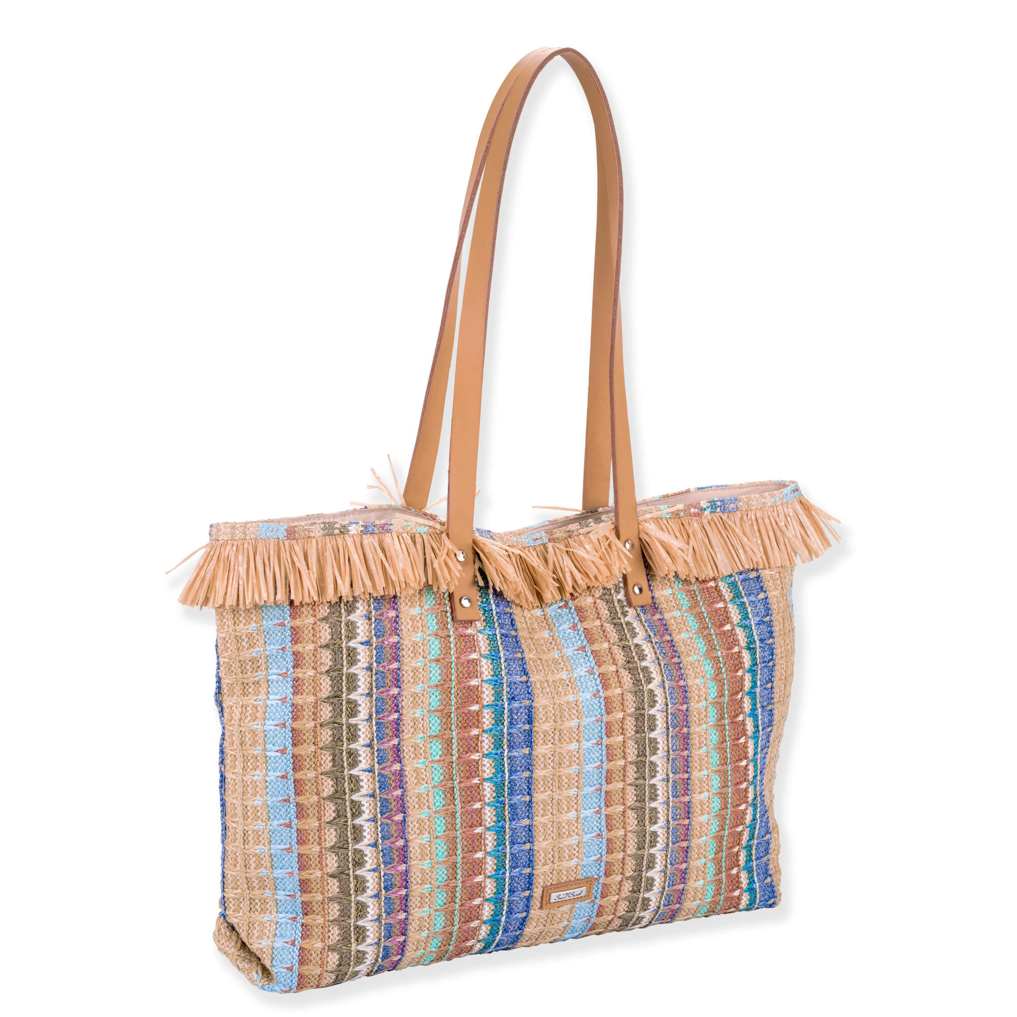 side view of a rectangular woven tote featuring multi-colored vertical stripes, raffia fringe trim, tan leather handles, and metal rivets.