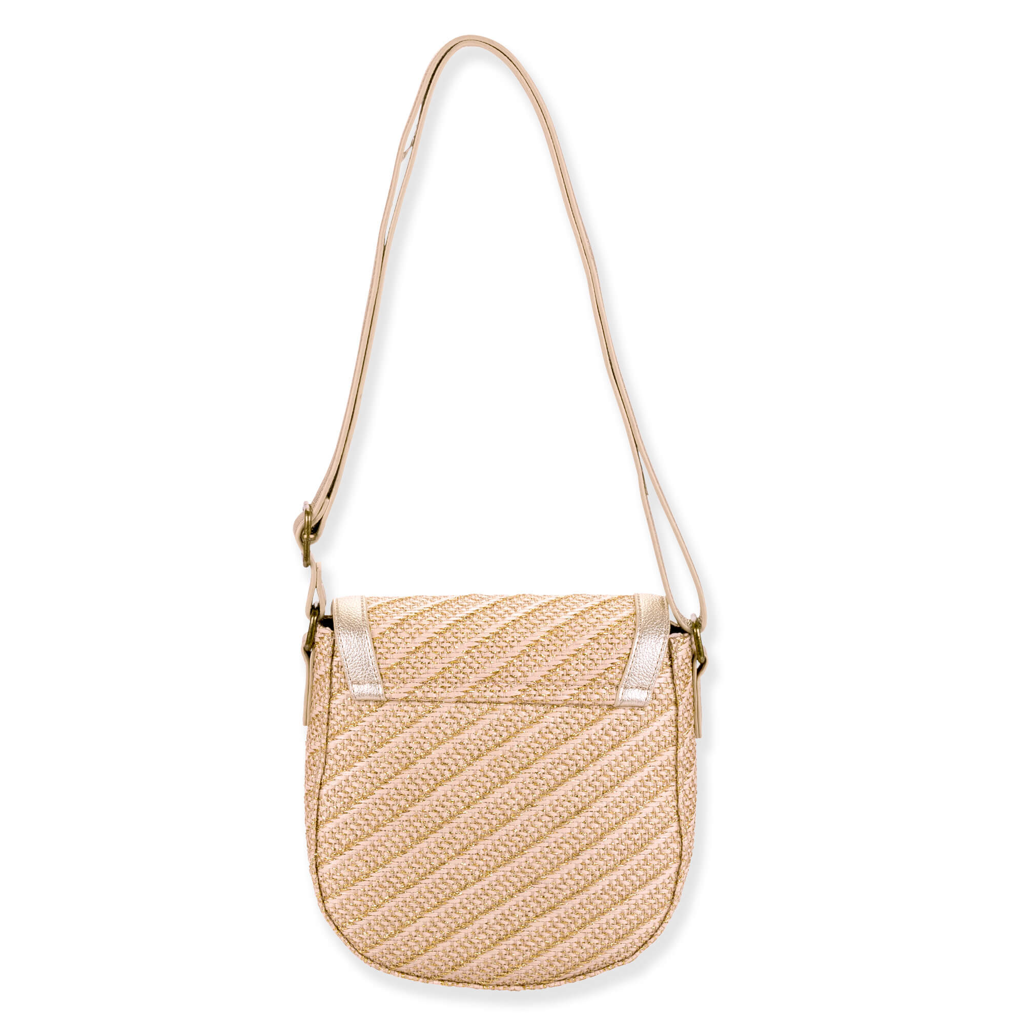 back view of a triangular black woven straw hobo bag featuring a textured horizontal weave and a colorful patterned lining.