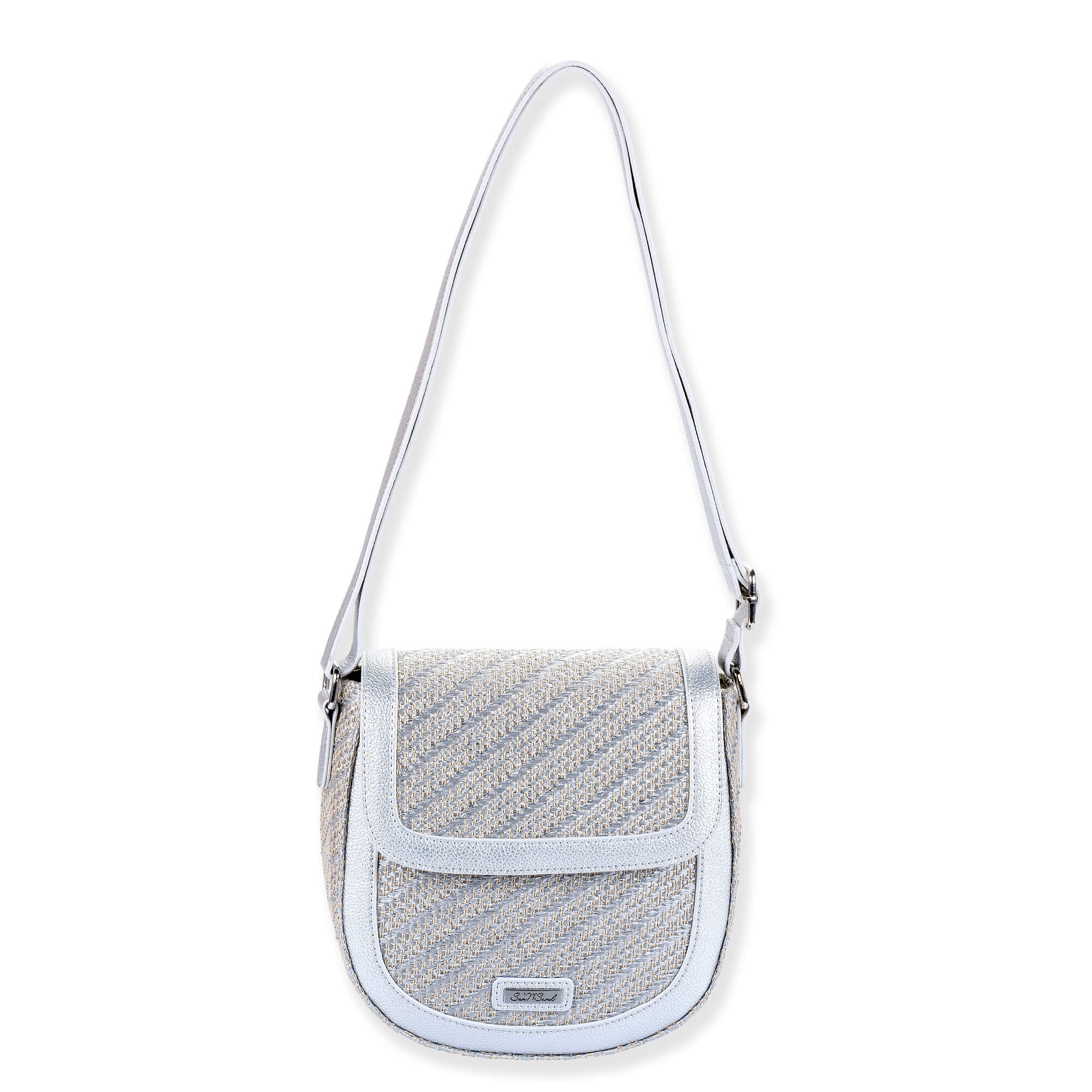front  view of a rounded cream paper-braid crossbody bag featuring diagonal textured ridges, smooth faux-leather trim, and adjustable shoulder strap.