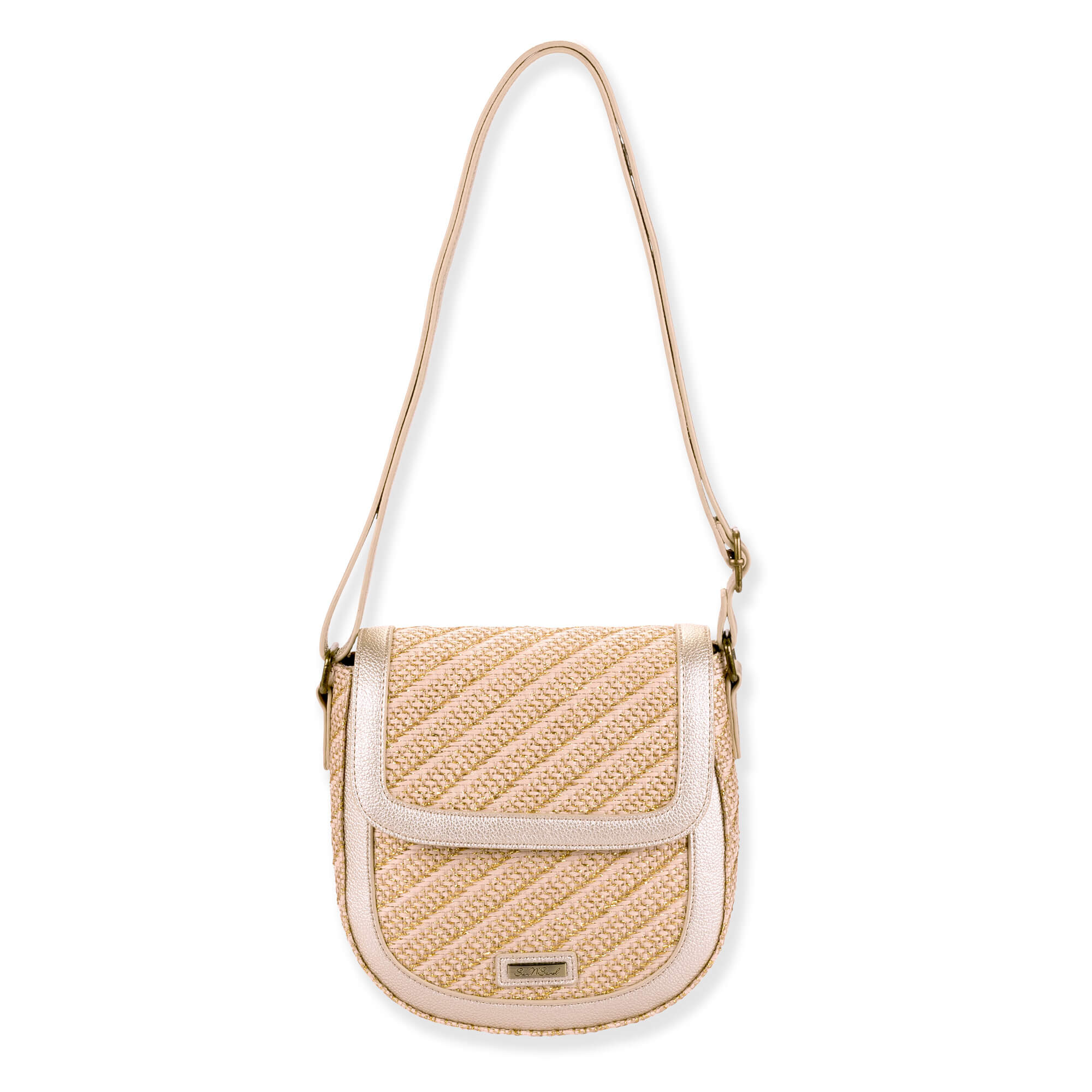 front view of a triangular black woven straw hobo bag featuring a textured horizontal weave and a colorful patterned lining.