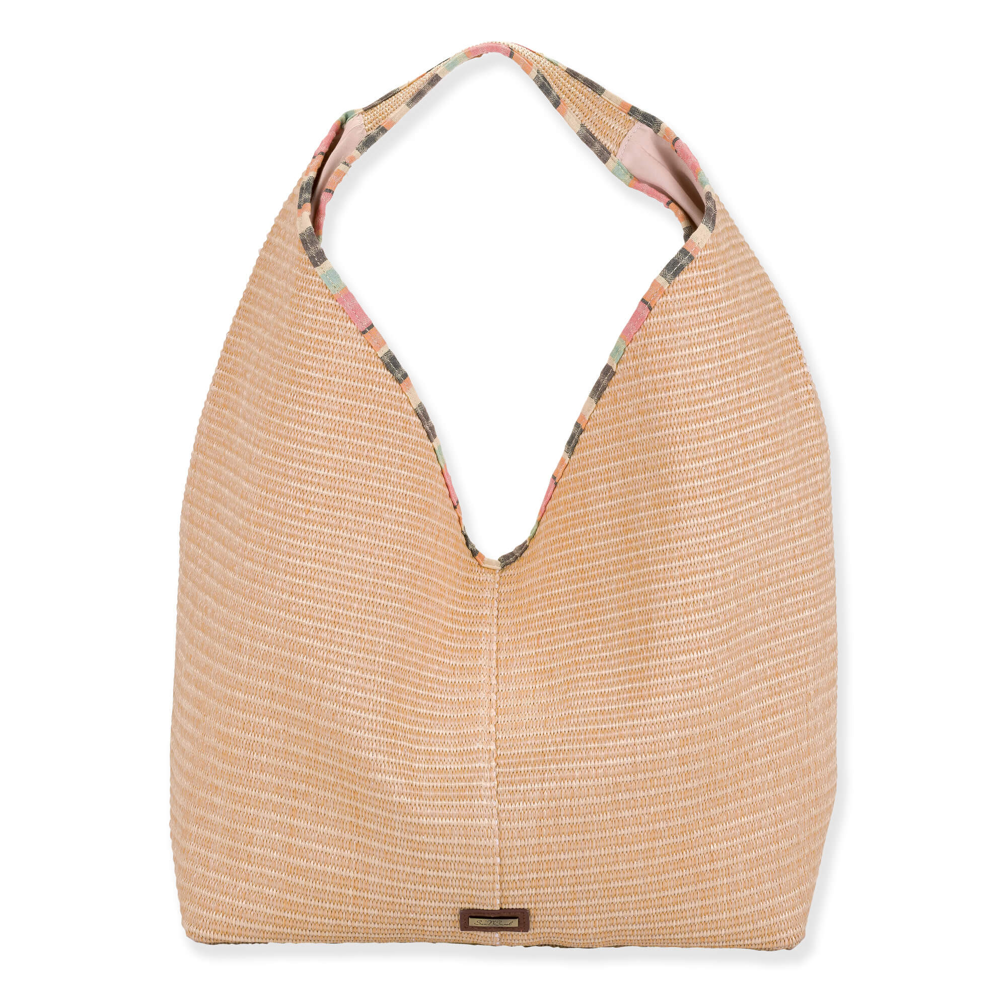 Front view of a triangular beige woven straw hobo bag featuring a textured horizontal weave and a colorful patterned lining.