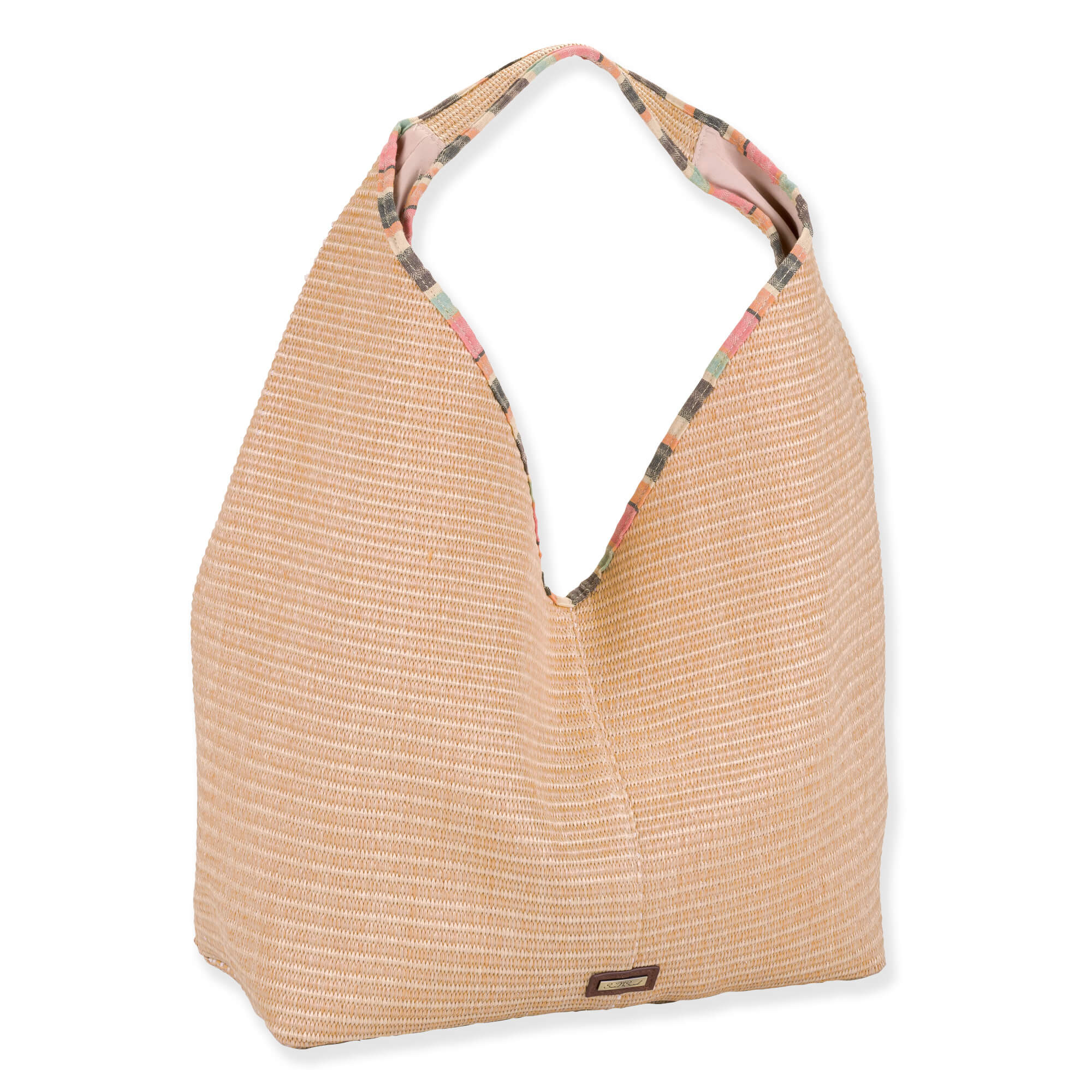 back view of a triangular beige woven straw hobo bag featuring a textured horizontal weave and a colorful patterned lining.