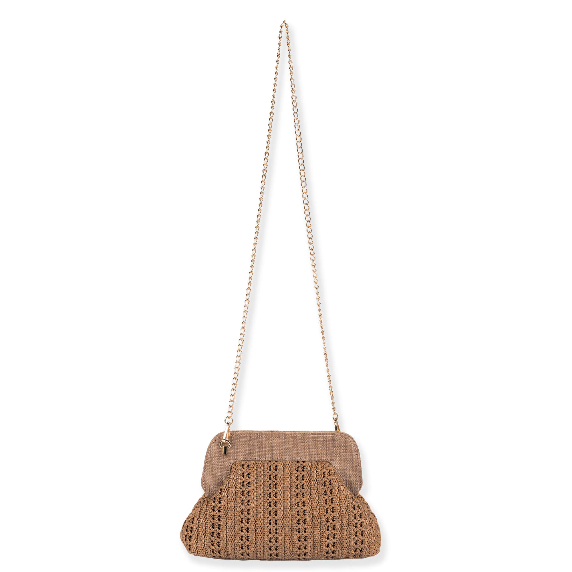 Front view of a trapezoidal dark brown woven straw clutch featuring a wood frame, ball clasp, and long gold chain shoulder strap.