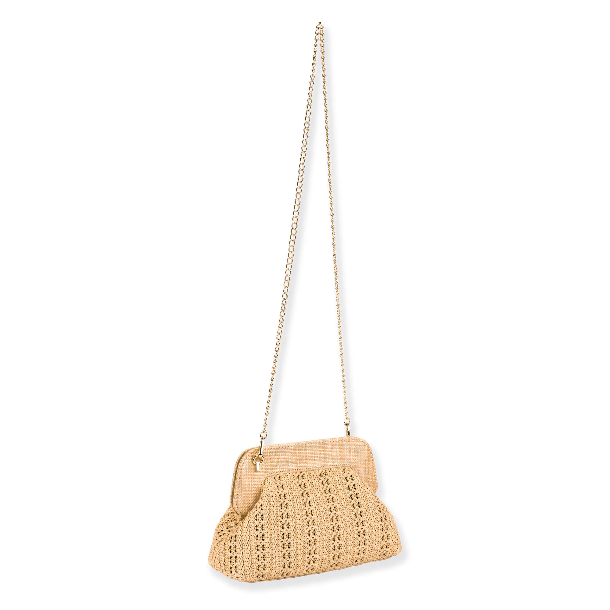 side  view of a trapezoidal beige woven straw clutch featuring a light wood frame, ball clasp, and slender shoulder strap.