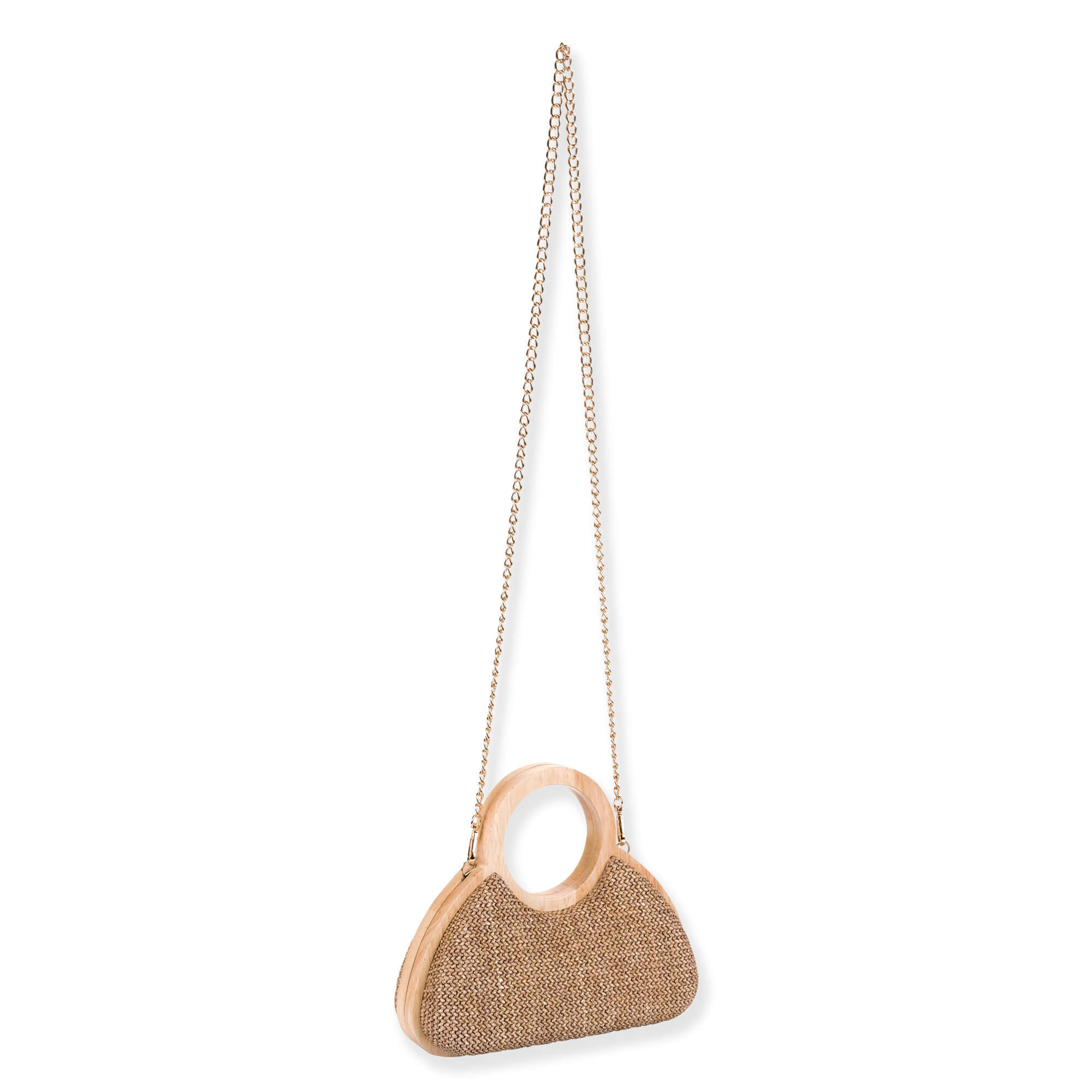 side Front view of a semi-circular woven rattan handbag with round wood handles and a long gold chain shoulder strap.