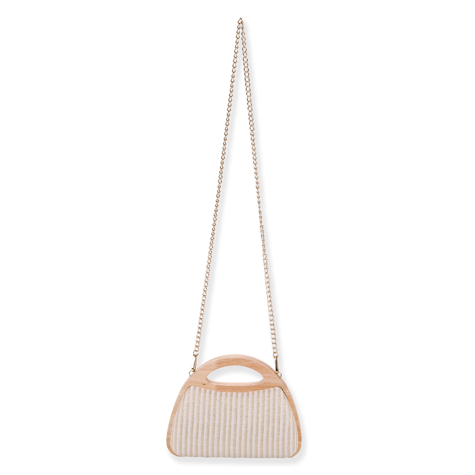 front view of a rectangular canvas tote bag featuring vertical multi-colored stripes, cream fabric handles, and metal D-ring hardware.
