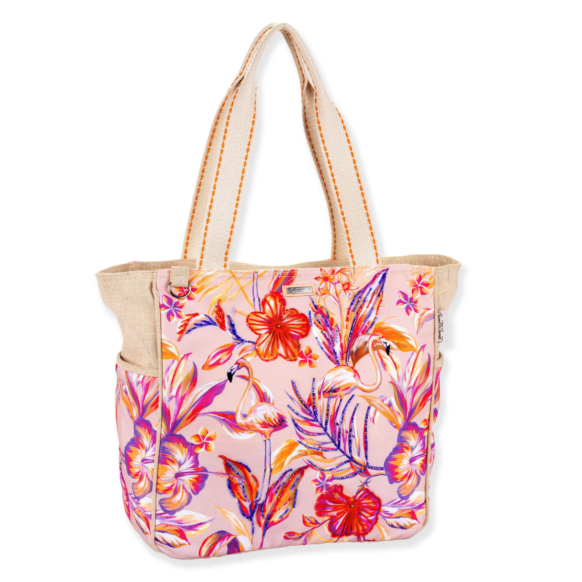 front view of a crescent-shaped canvas hobo bag featuring vertical multi-colored stripes in blue, pink, orange, and yellow tones.