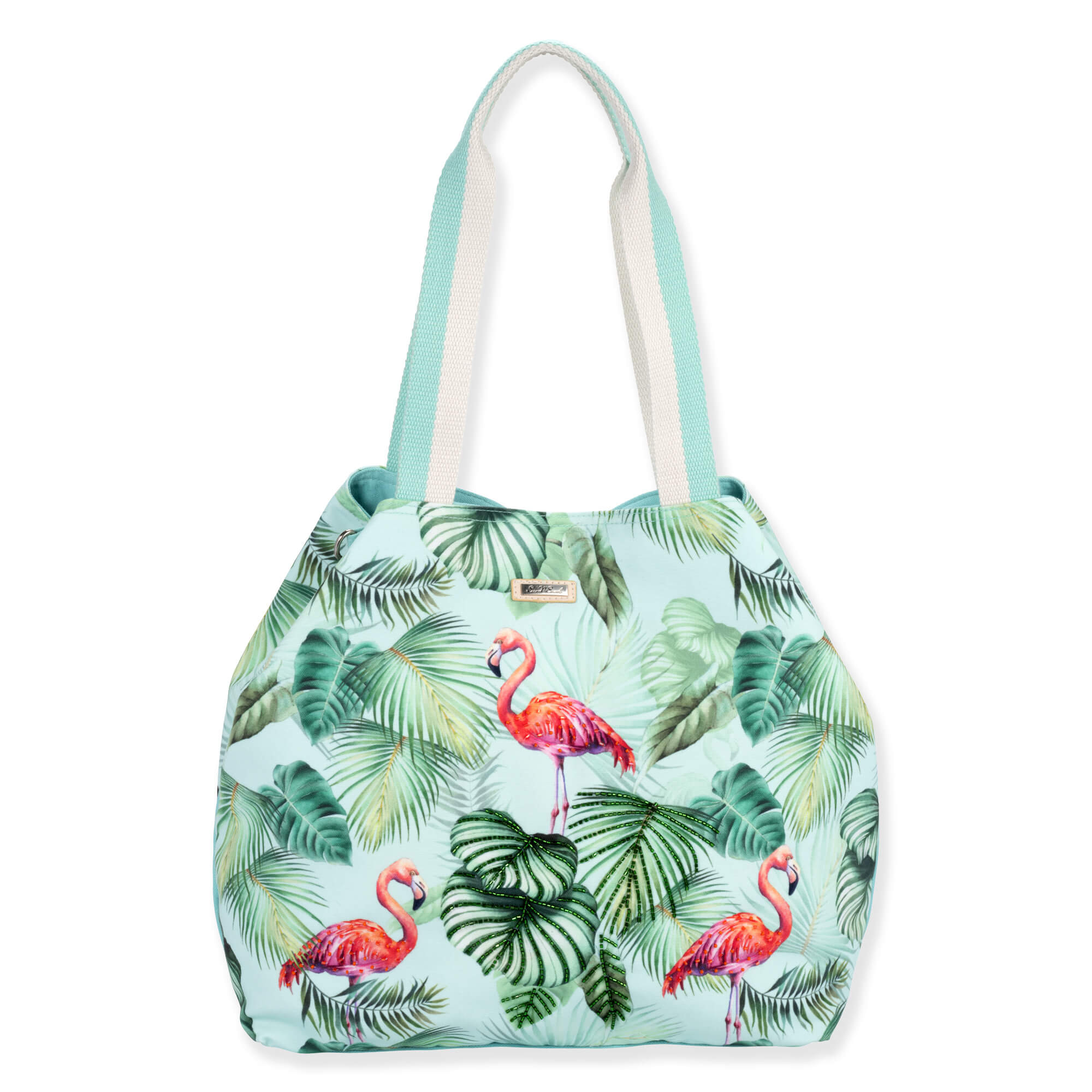 front Three-quarter view of a crescent-shaped mint canvas hobo bag featuring a flamingo and tropical leaf print with cream fabric handles.