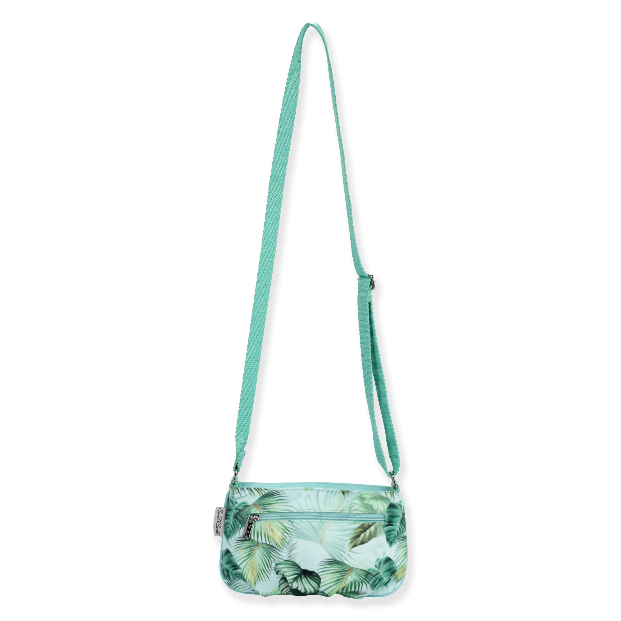 back Front view of a rectangular beige canvas tote bag featuring green and pink tropical leaf straps and matching accessory pouch.