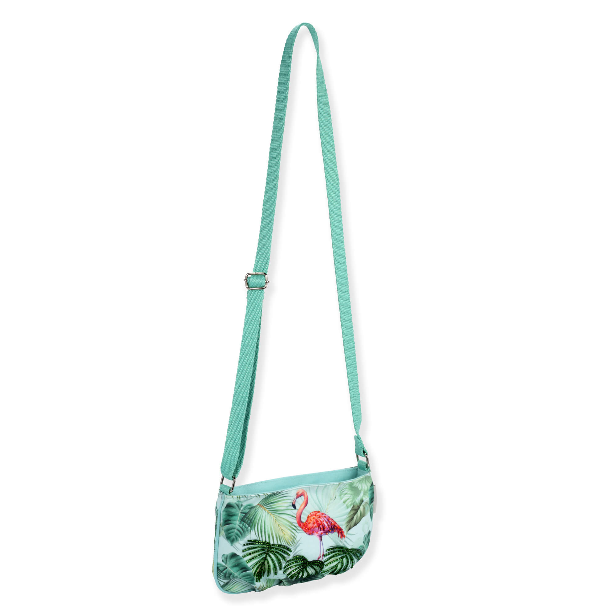 side Front view of a rectangular beige canvas tote bag featuring green and pink tropical leaf straps and matching accessory pouch.