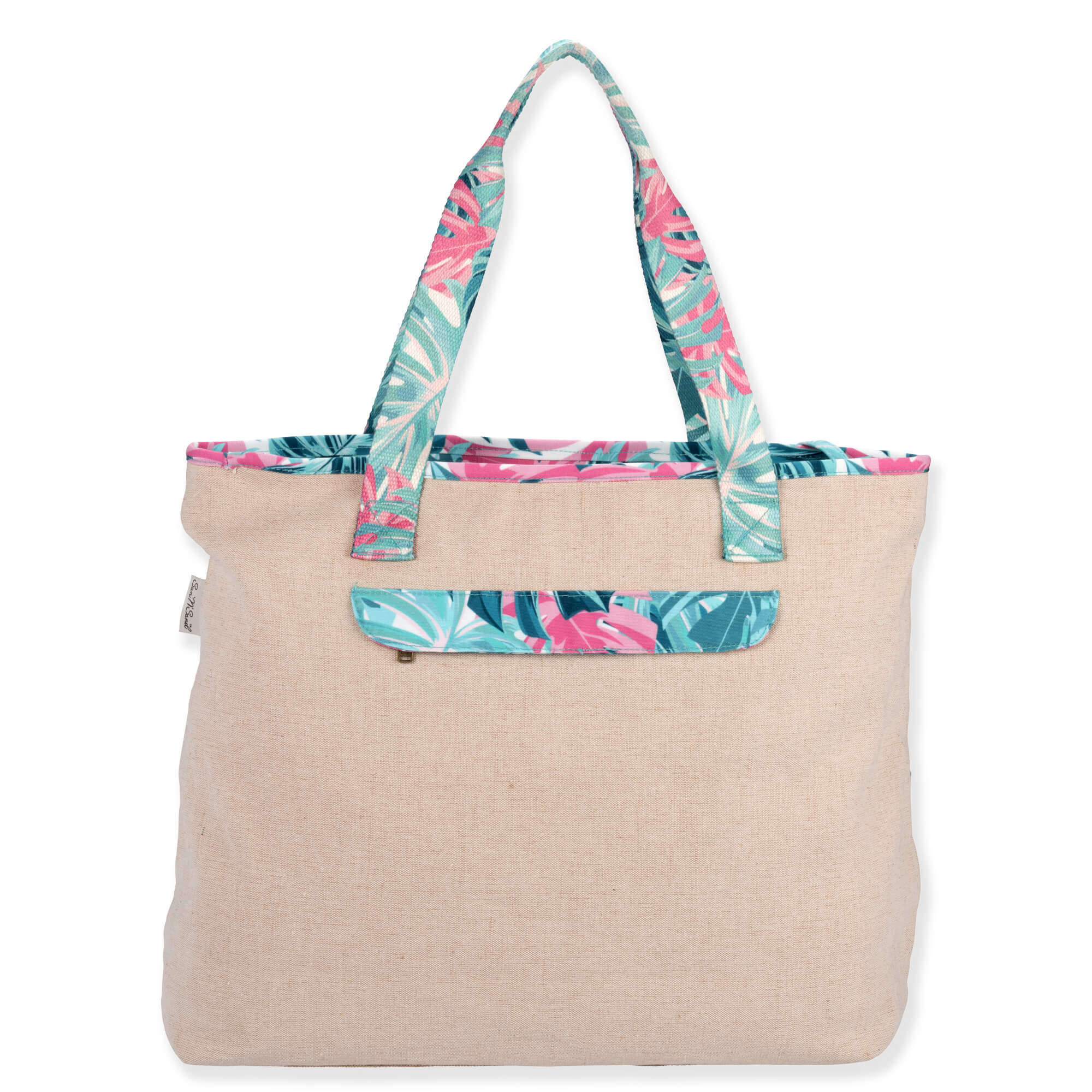 back Front view of a rectangular beige canvas tote bag with pink and green tropical palm print straps and matching accessory pouch.