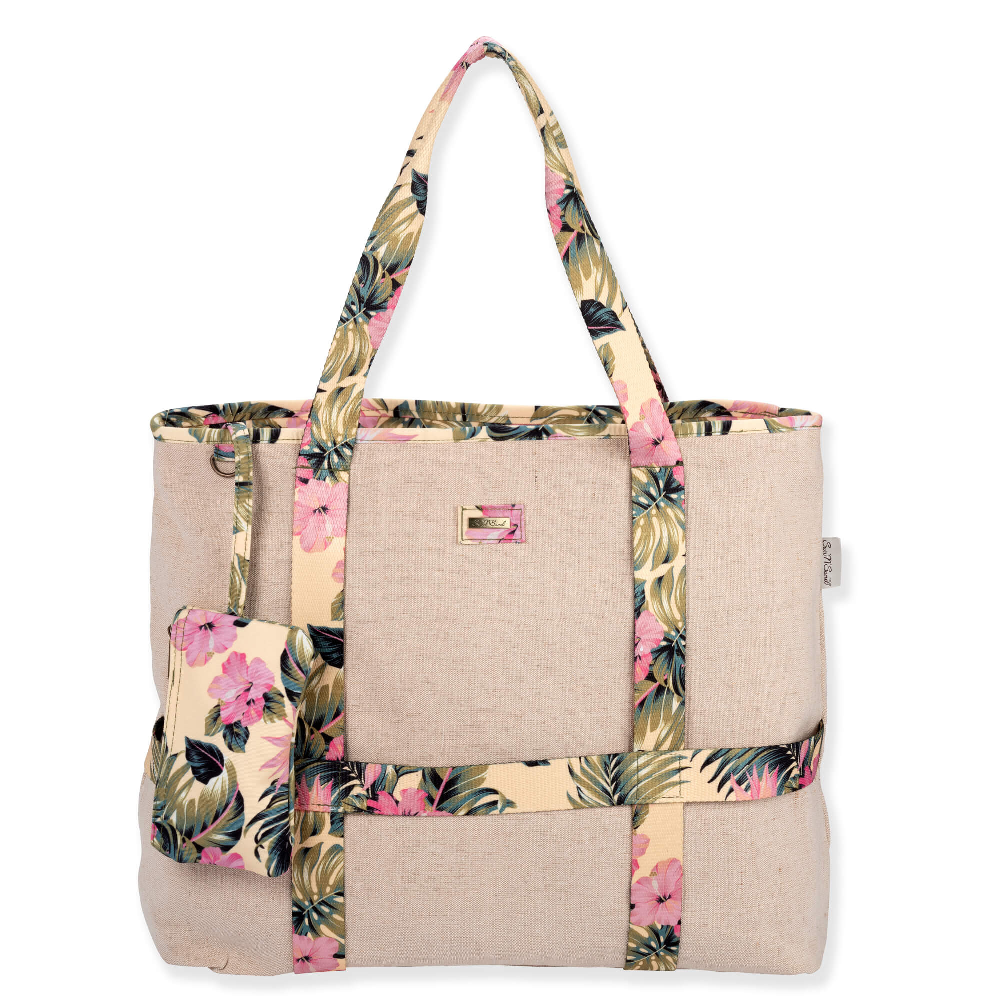Front view of a rectangular beige canvas tote bag featuring pink and yellow tropical floral straps and matching accessory pouch.