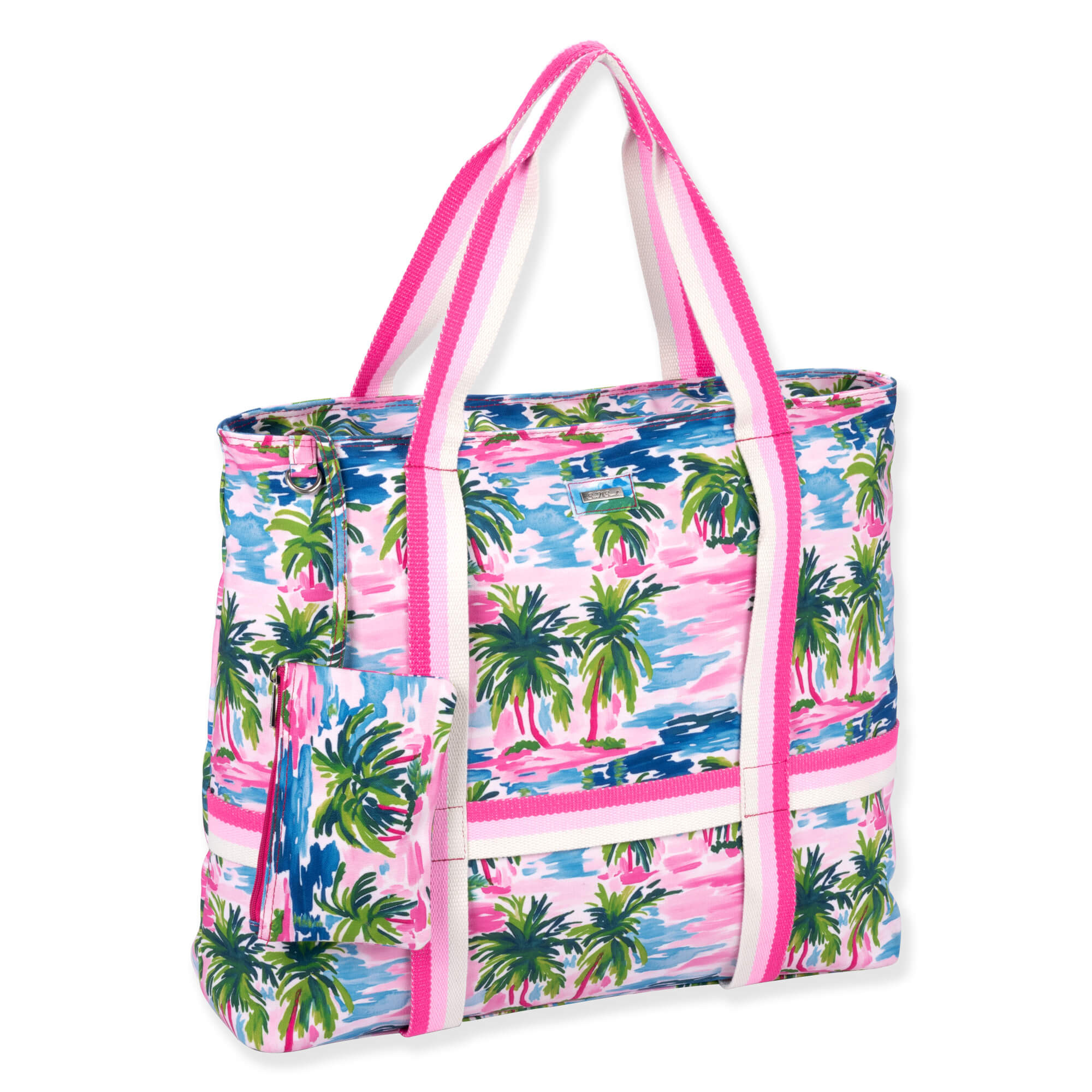 side  view of a rectangular canvas tote featuring a pink tropical palm tree print, striped fabric handles, and matching accessory pouch.