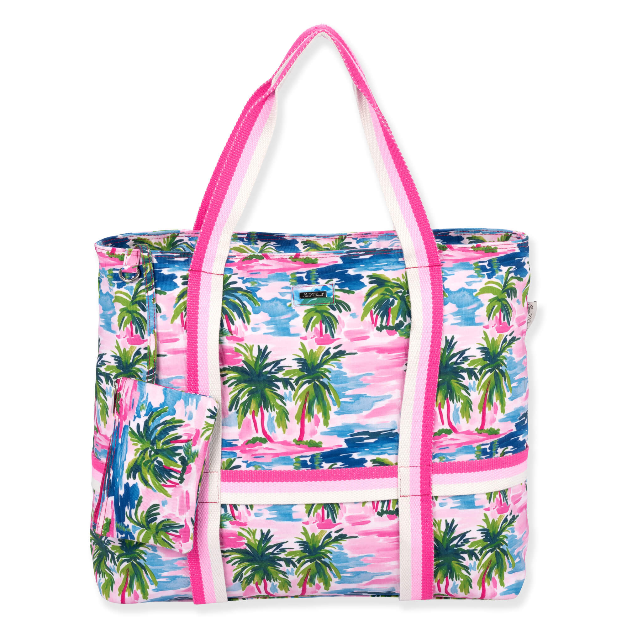 Front view of a rectangular canvas tote featuring a pink tropical palm tree print, striped fabric handles, and matching accessory pouch.