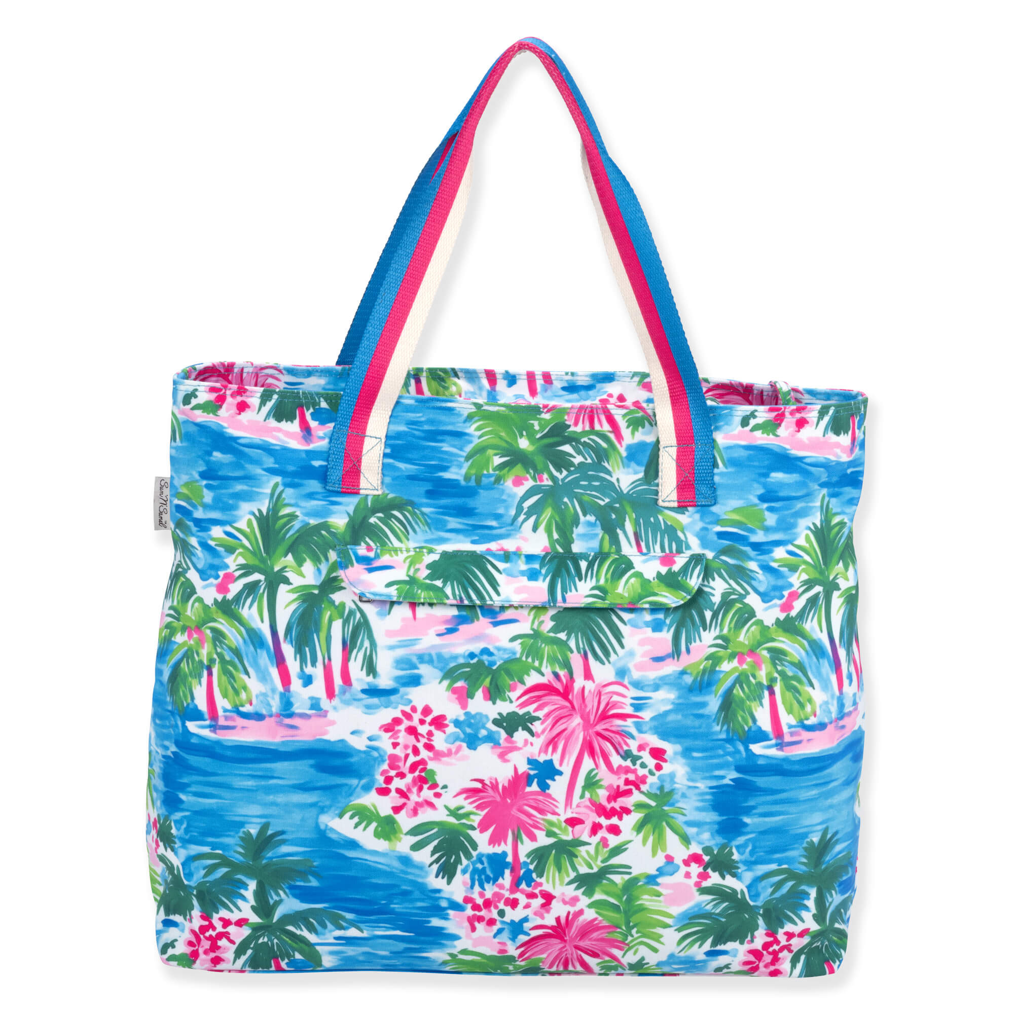 back view of a rectangular canvas tote featuring a blue tropical palm tree print, striped fabric handles, and matching accessory pouch.