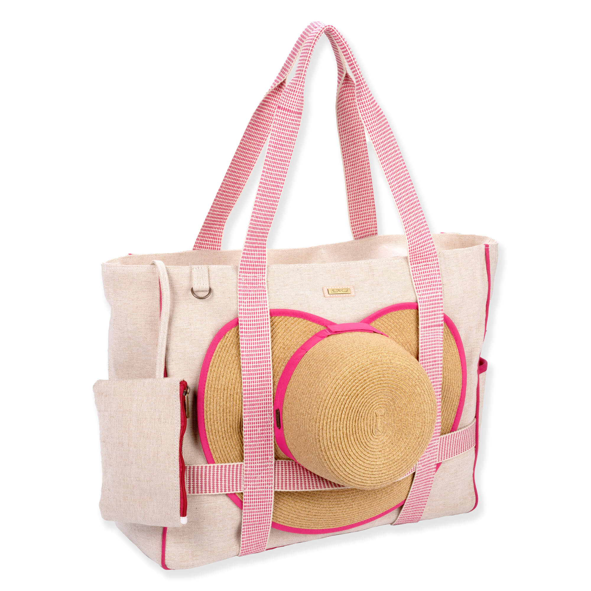 side view of a rectangular tan woven straw tote bag featuring red and white striped fabric trim and top handles.