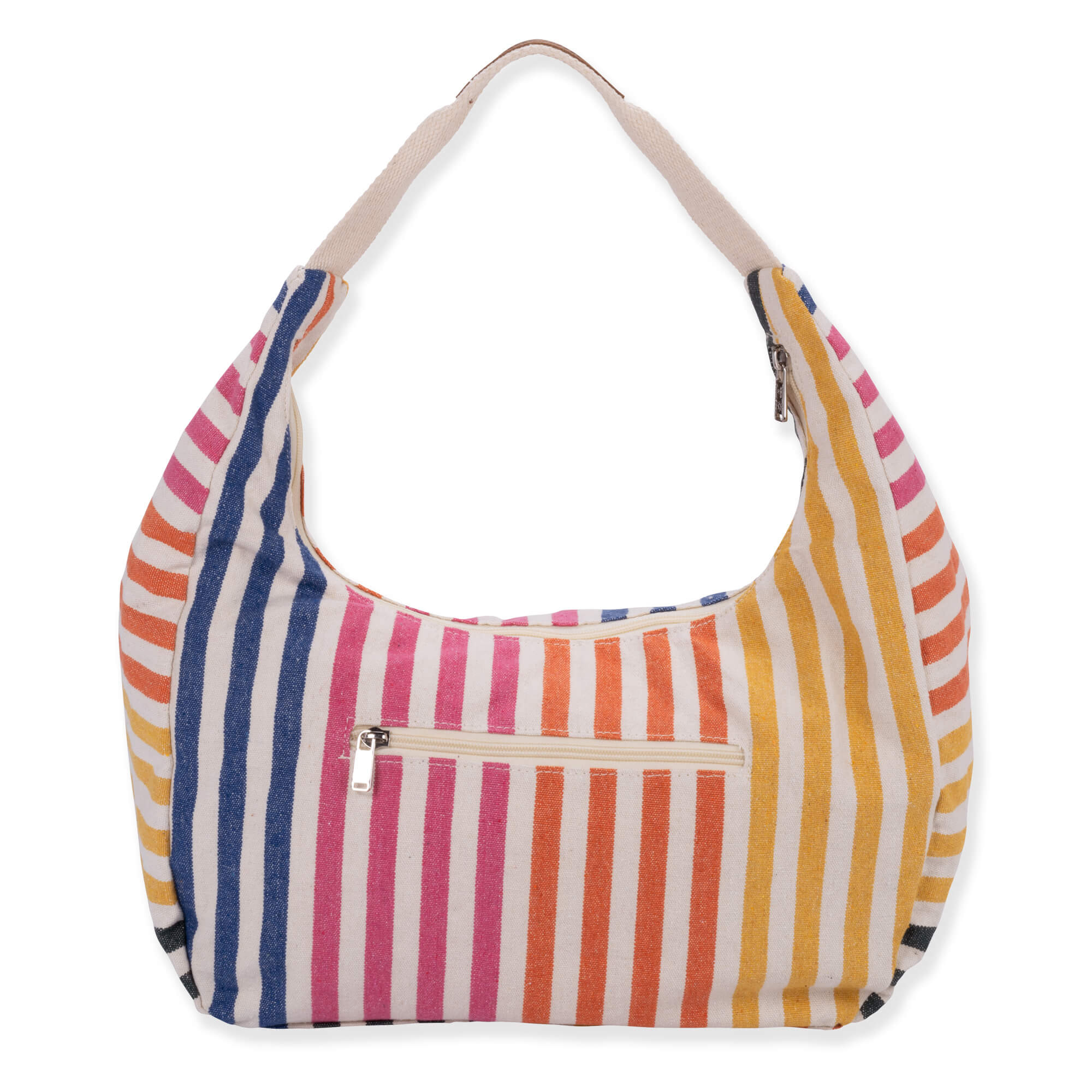 back view of a crescent-shaped multi-color striped canvas hobo bag featuring a wide cream shoulder strap and sun logo hardware.