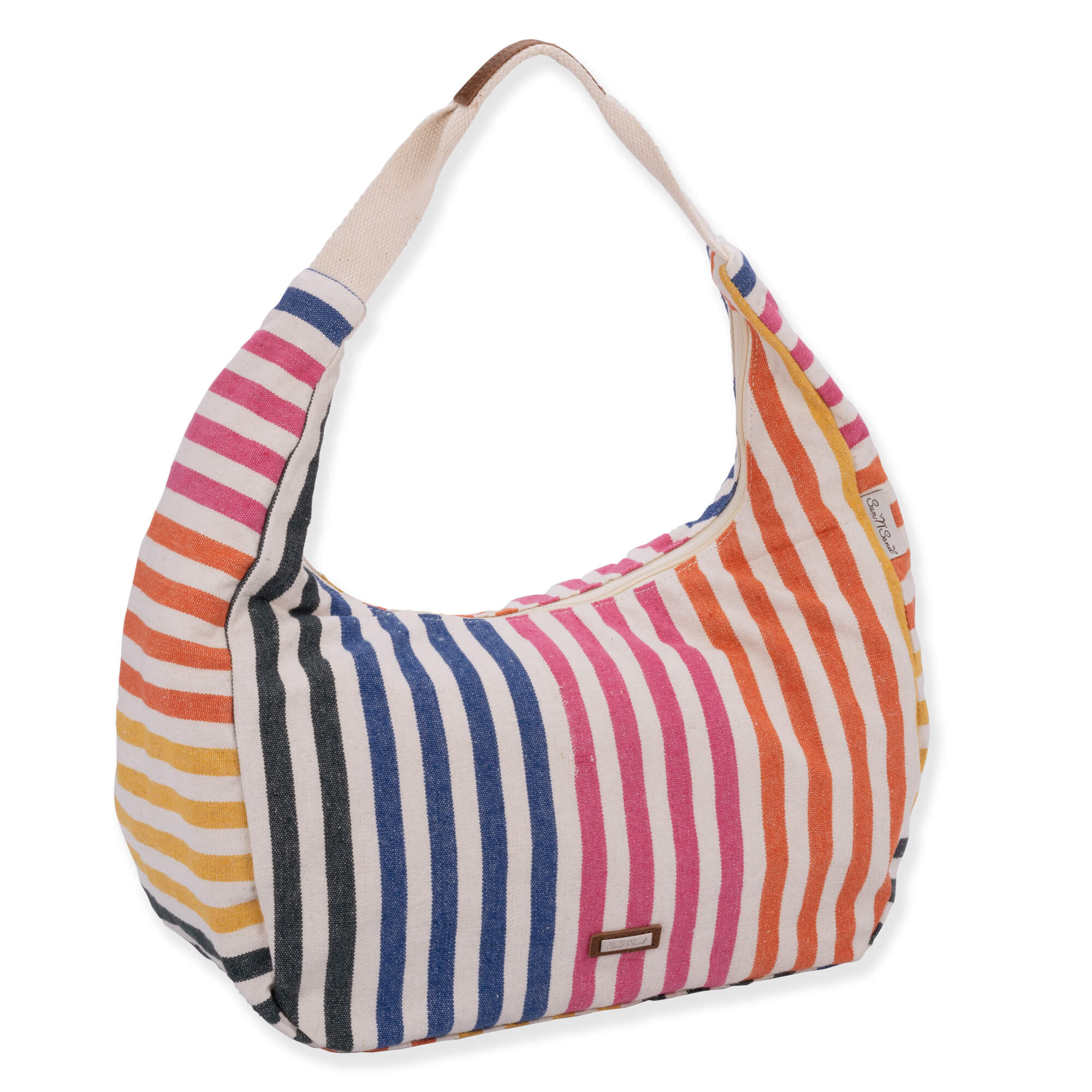 Three-quarter view of a crescent-shaped multi-color striped canvas hobo bag featuring a wide cream shoulder strap and sun logo hardware.