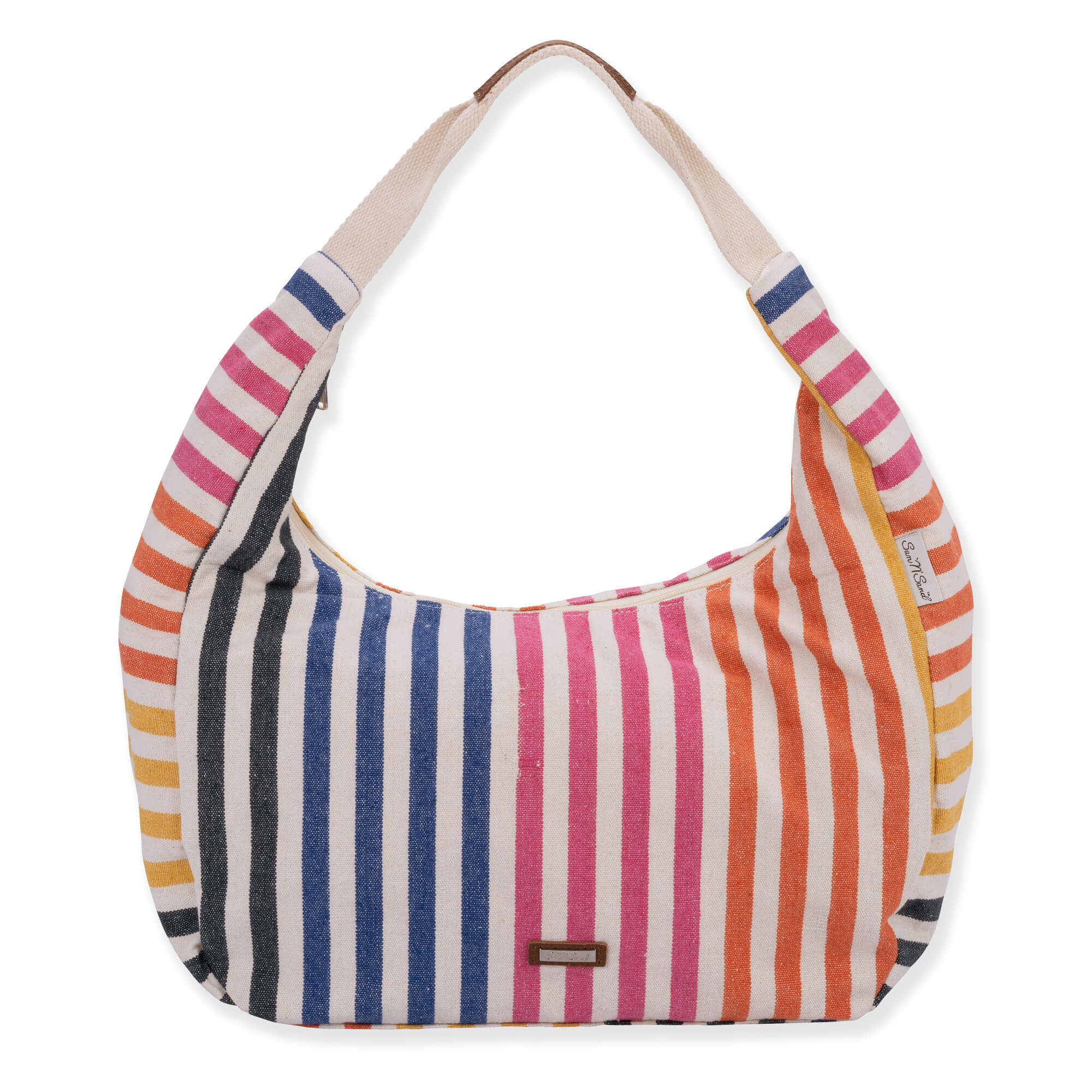 front view of a crescent-shaped multi-color striped canvas hobo bag featuring a wide cream shoulder strap and sun logo hardware.