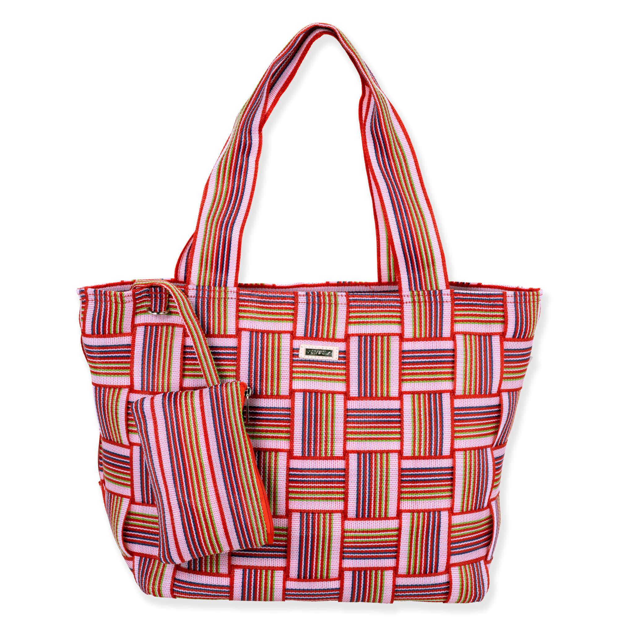 Front view of a rectangular green and white multi-color basket-weave tote bag with matching striped handles and small attached pouch.