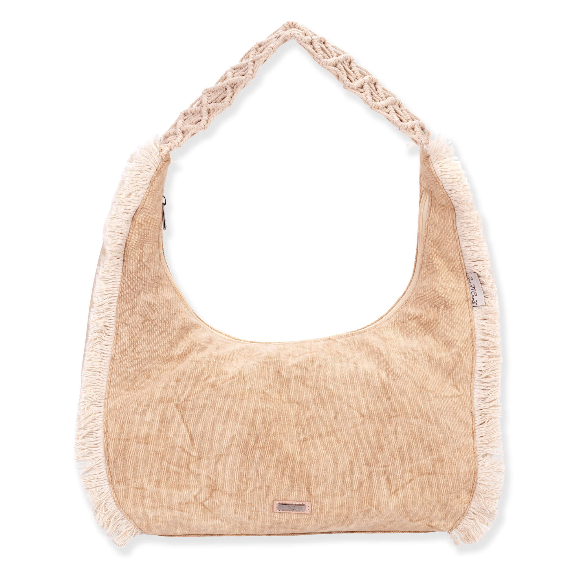 front view of a crescent-shaped tan fabric hobo bag featuring vertical cream fringe trim and a braided macramé shoulder strap.
