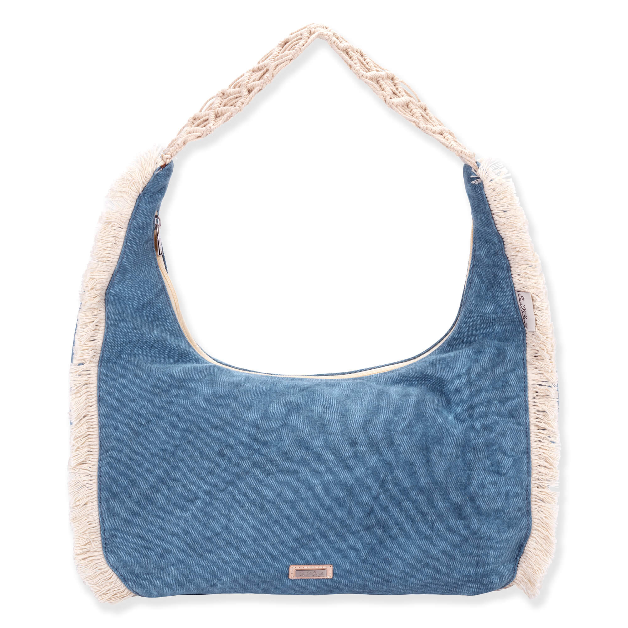 front view of a crescent-shaped blue fabric hobo bag featuring vertical cream fringe trim and a braided macramé shoulder strap.