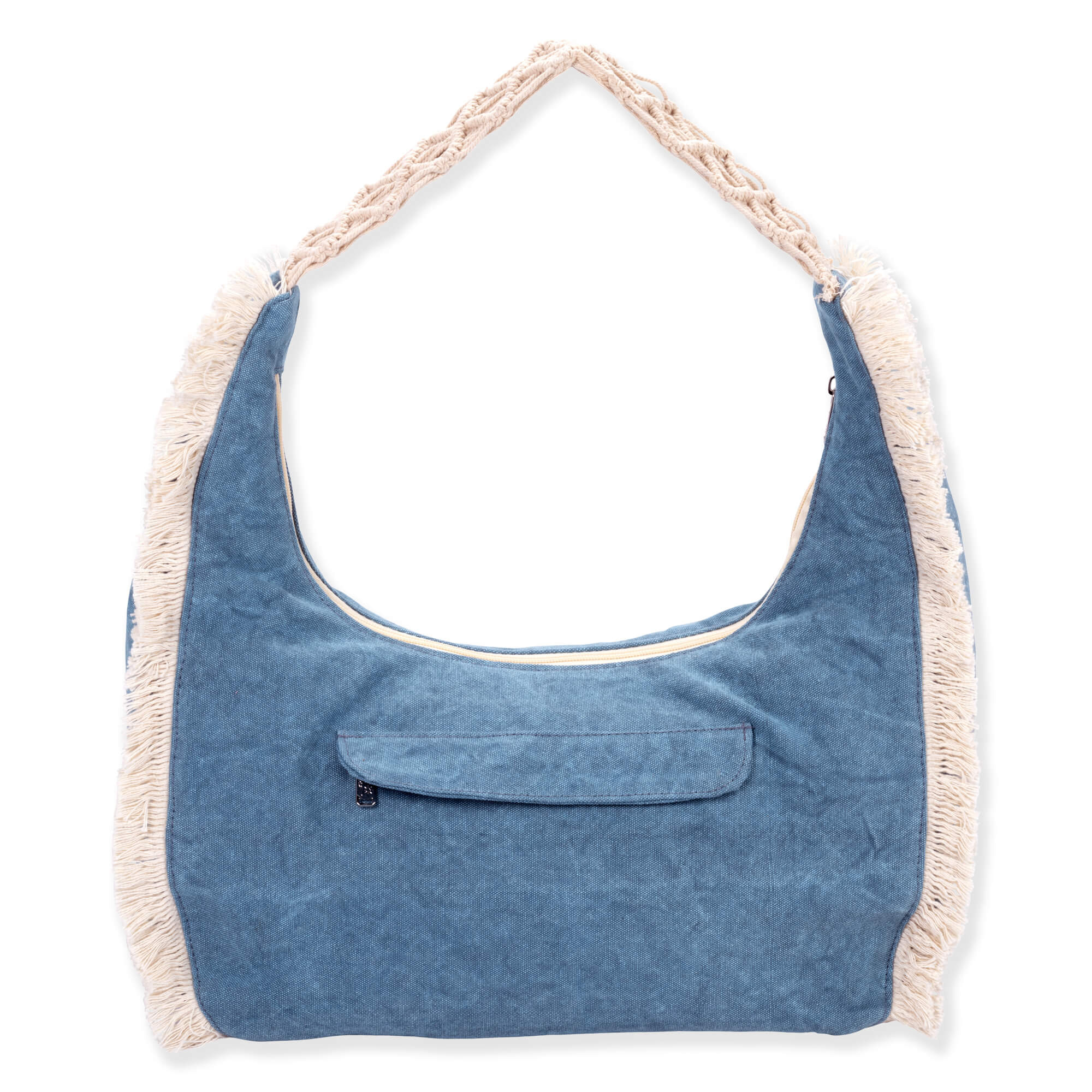 back view of a crescent-shaped blue fabric hobo bag featuring vertical cream fringe trim and a braided macramé shoulder strap.