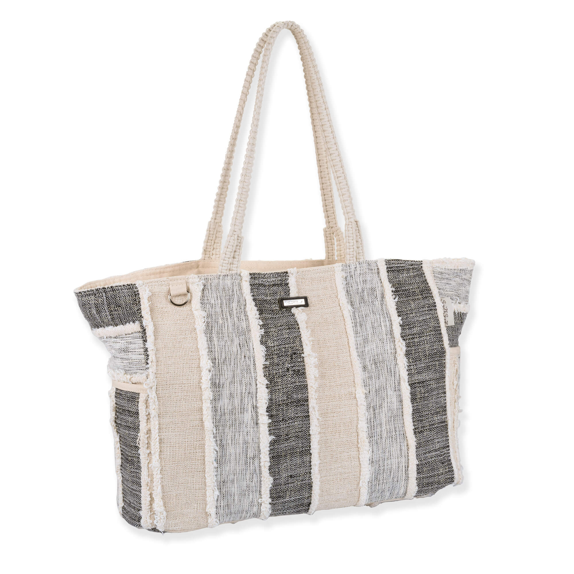 Side view of a rectangular black and cream vertical-striped woven tote bag featuring frayed fringe edges and matching fabric handles.